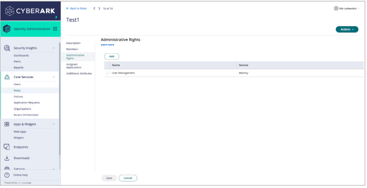 Administrative rights management interface showing user management and service details.