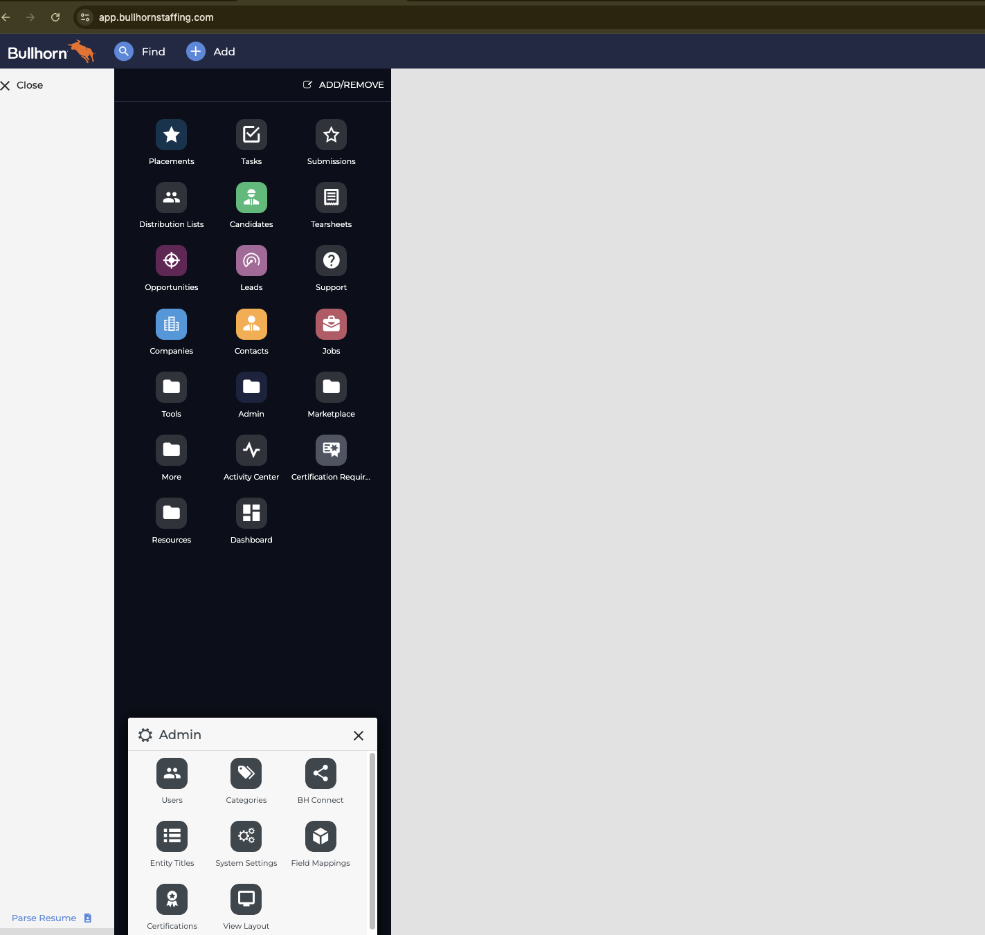 The Bullhorn menu with the Admin panel open, showing Users and System Settings.
