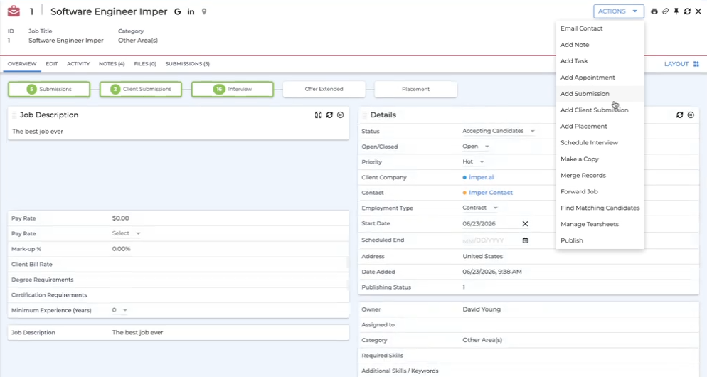 The Bullhorn job record, with the ACTIONS menu open and Schedule Interview among the available actions.