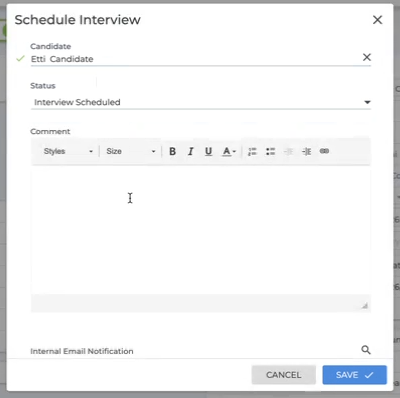 The Schedule Interview dialog in Bullhorn, with the candidate selected and the status set to Interview Scheduled.