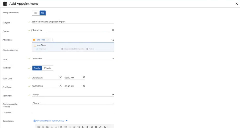 The Add Appointment form in Bullhorn, with the company contact being added to the Attendees field.
