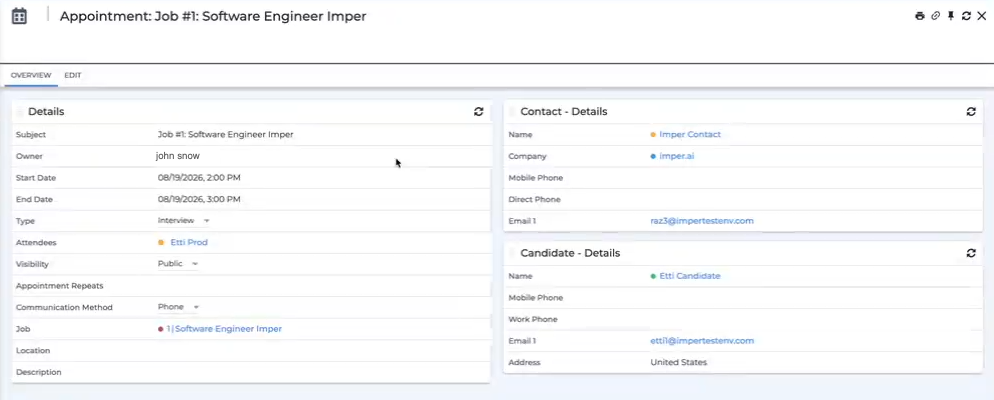 The saved appointment in Bullhorn, showing the interview details alongside the linked contact and candidate records.