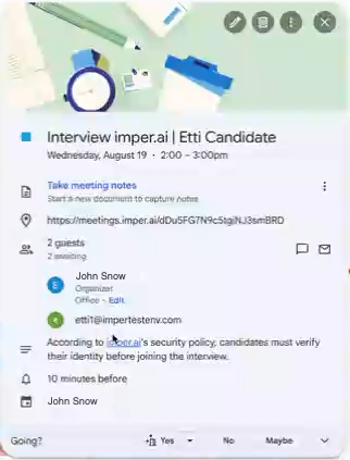 The candidate's calendar invitation, titled "Interview imper.ai" with the candidate's name. The location is a secured imper.ai meeting link, and the description states that candidates must verify their identity before joining the interview.