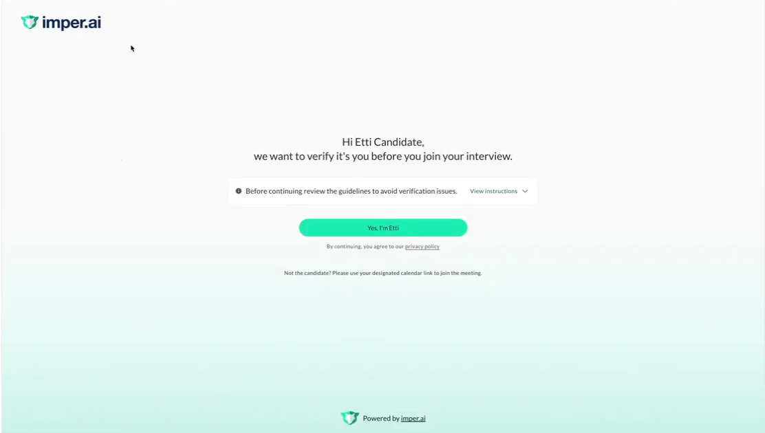 The imper.ai verification page, greeting the candidate by name and asking them to confirm their identity before joining the interview.