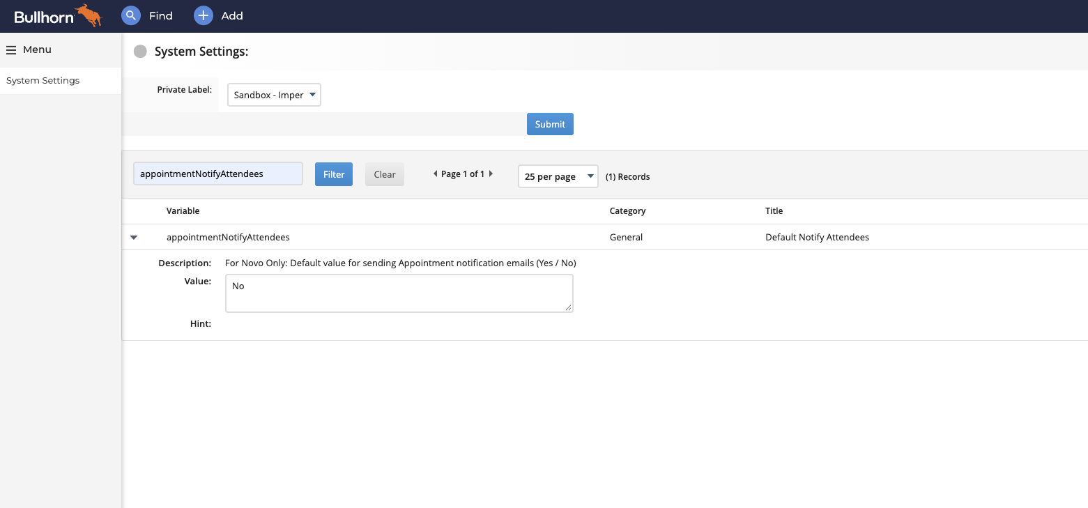 Bullhorn System Settings filtered to appointmentNotifyAttendees, with the Default Notify Attendees row expanded and Value set to No after the change.