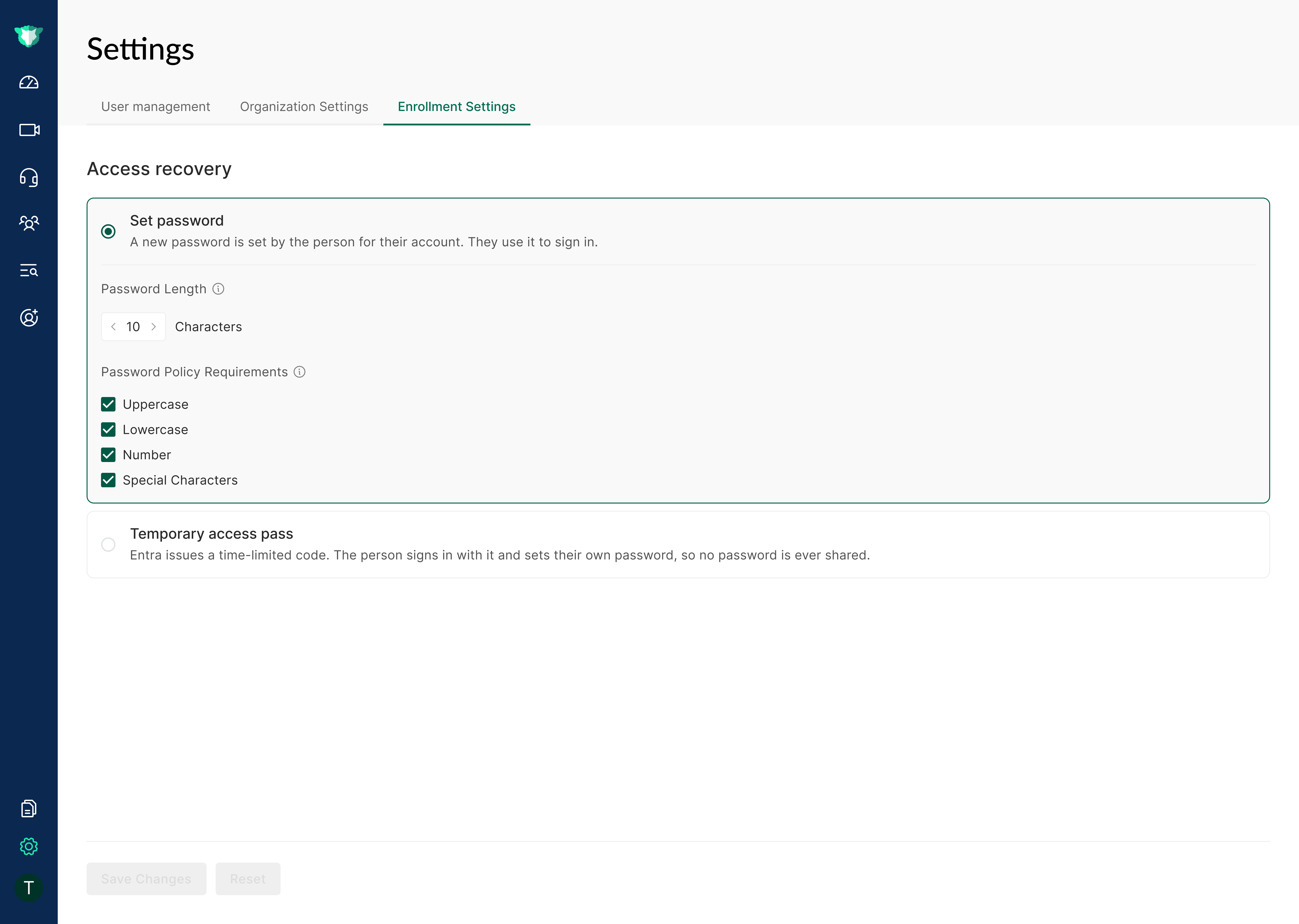 The Set password option under Access recovery, with password length and policy requirements.