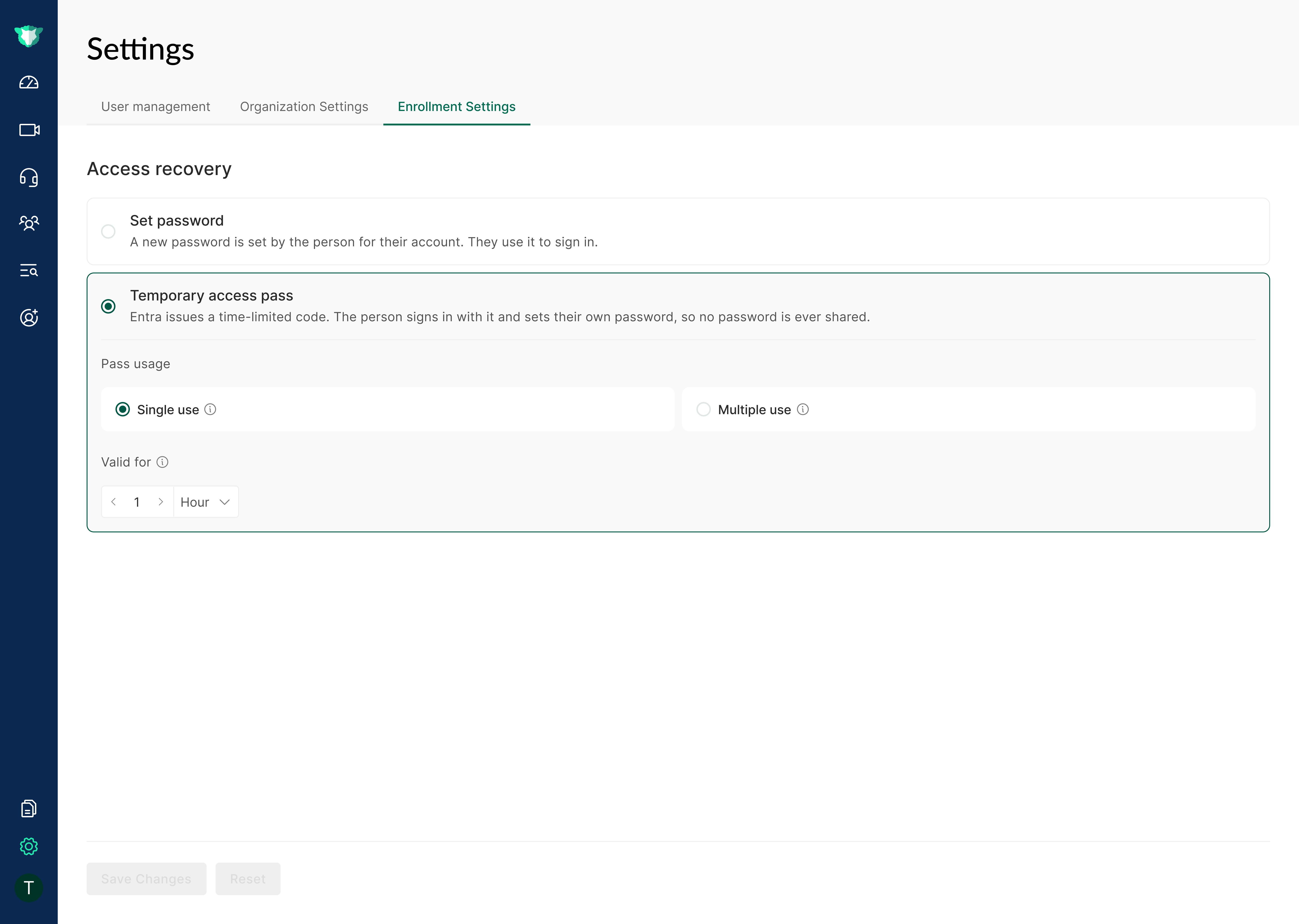 The Temporary access pass option under Access recovery, with pass usage and validity.