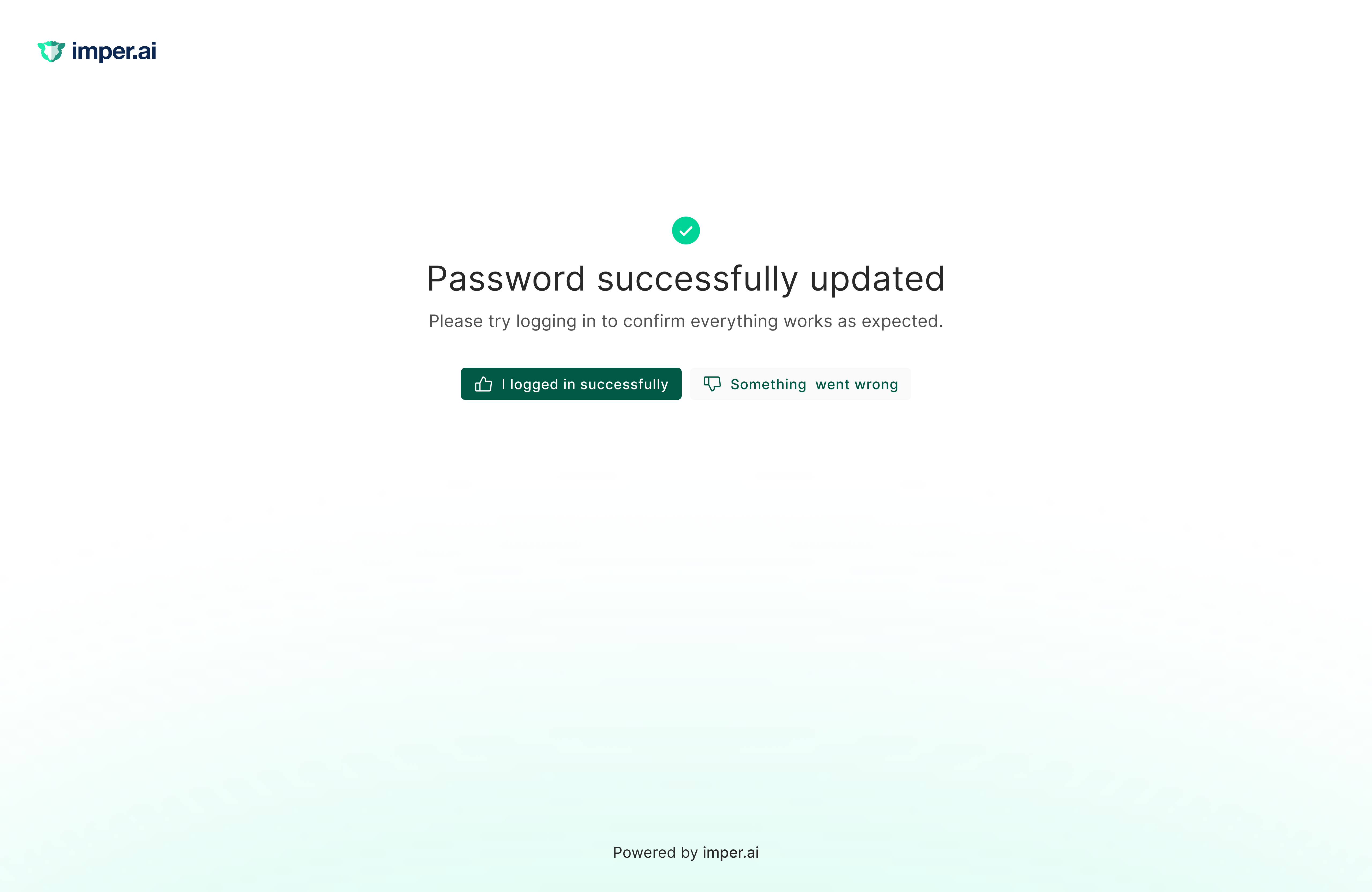 The imper.ai enrollment completion screen confirming the password was successfully updated, prompting the employee to log in to confirm access.