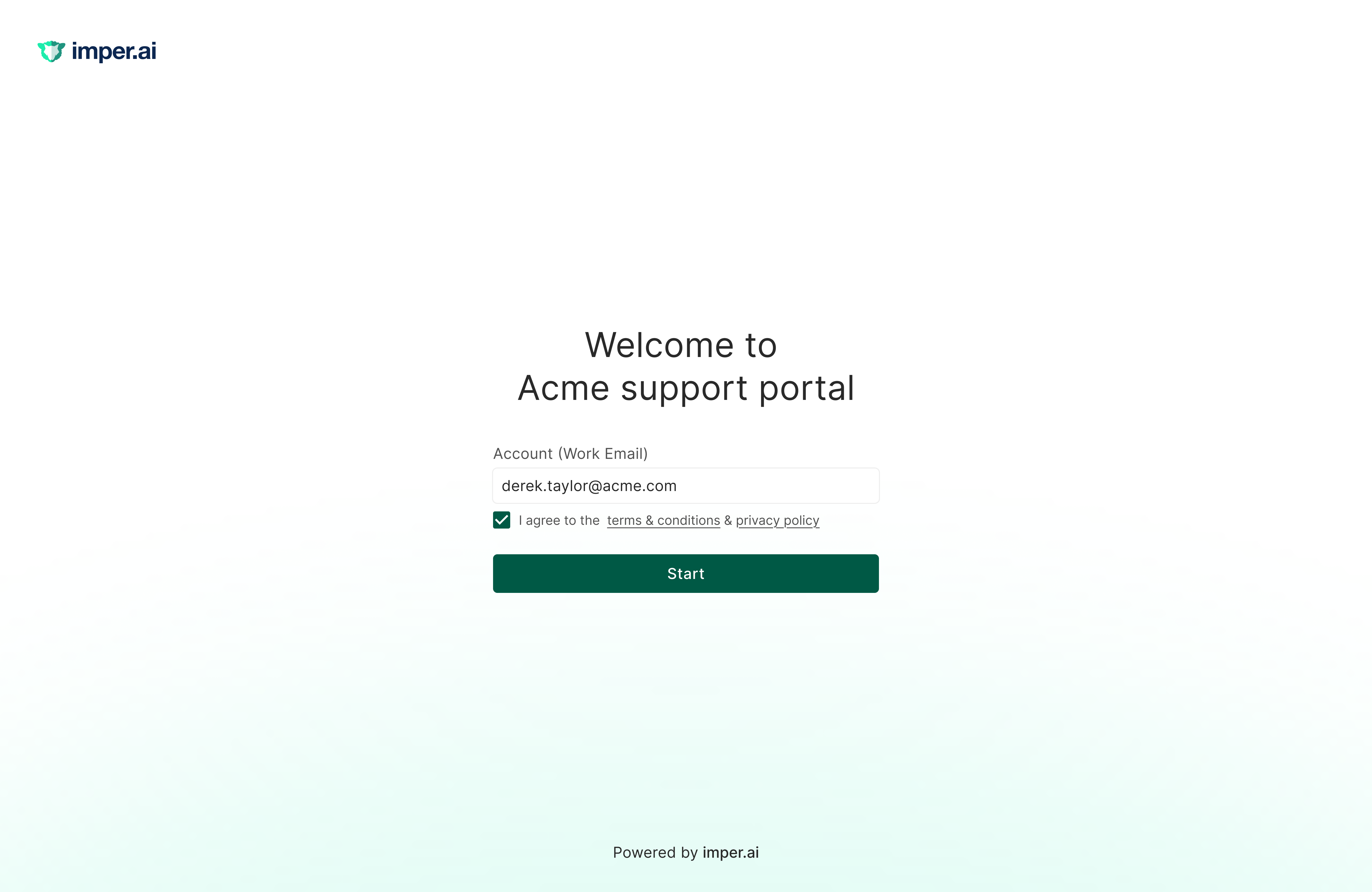 The imper.ai enrollment welcome screen, where the employee confirms their work email and agrees to the terms before starting identity verification.
