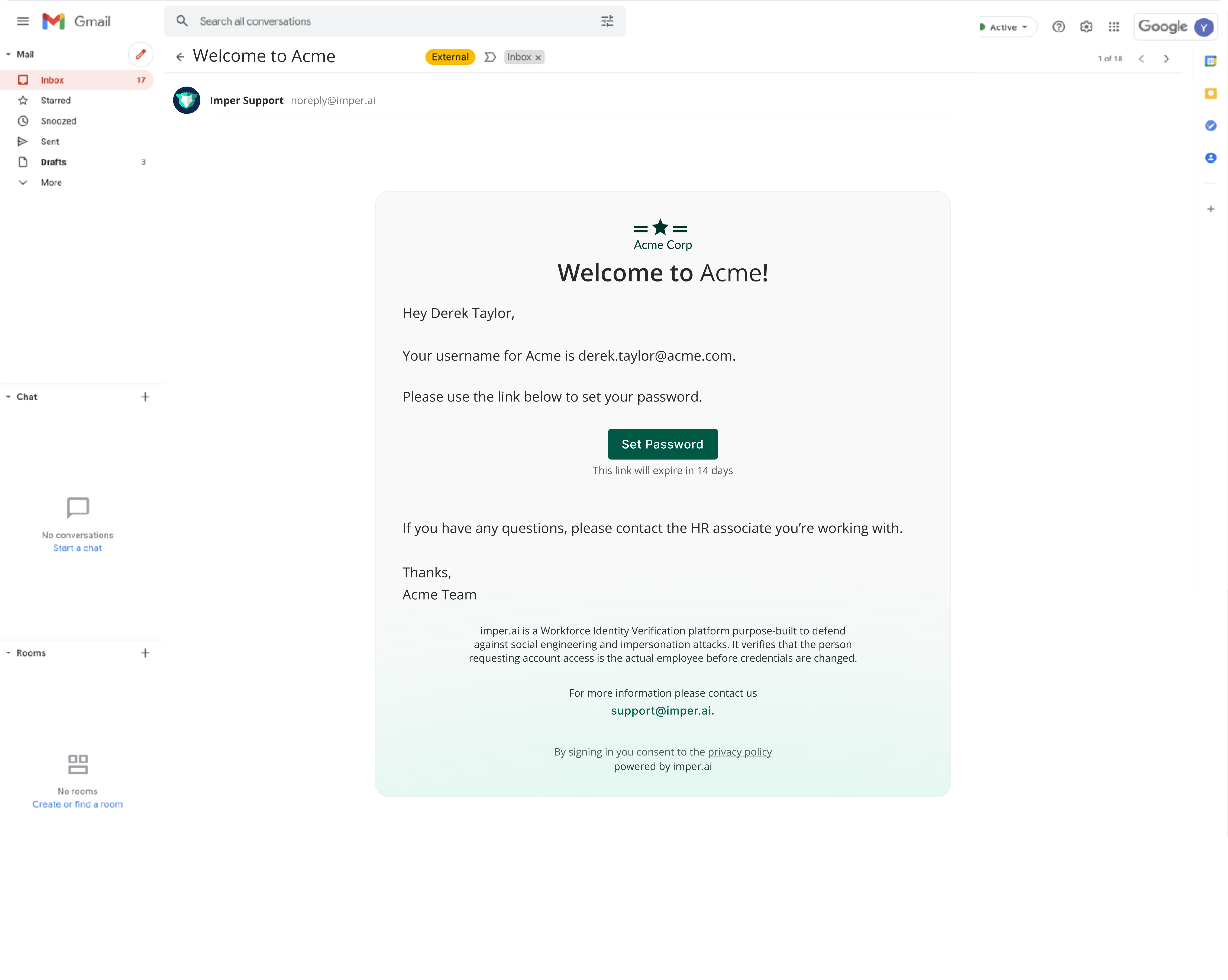 Gmail view of the imper.ai welcome email, showing the new employee's username and a Set Password button to begin enrollment.
