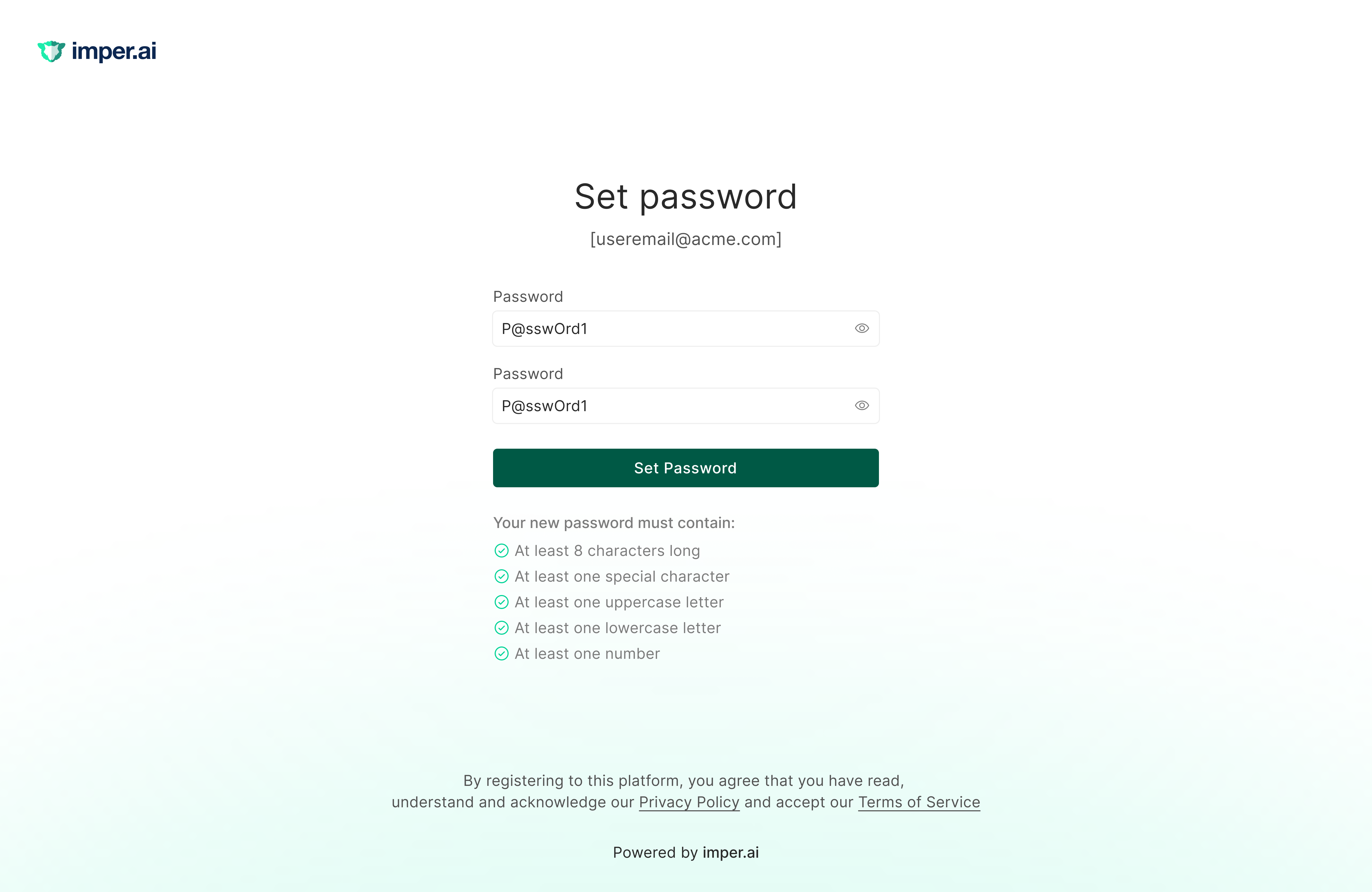 imper.ai enrollment screen for setting a new corporate password
