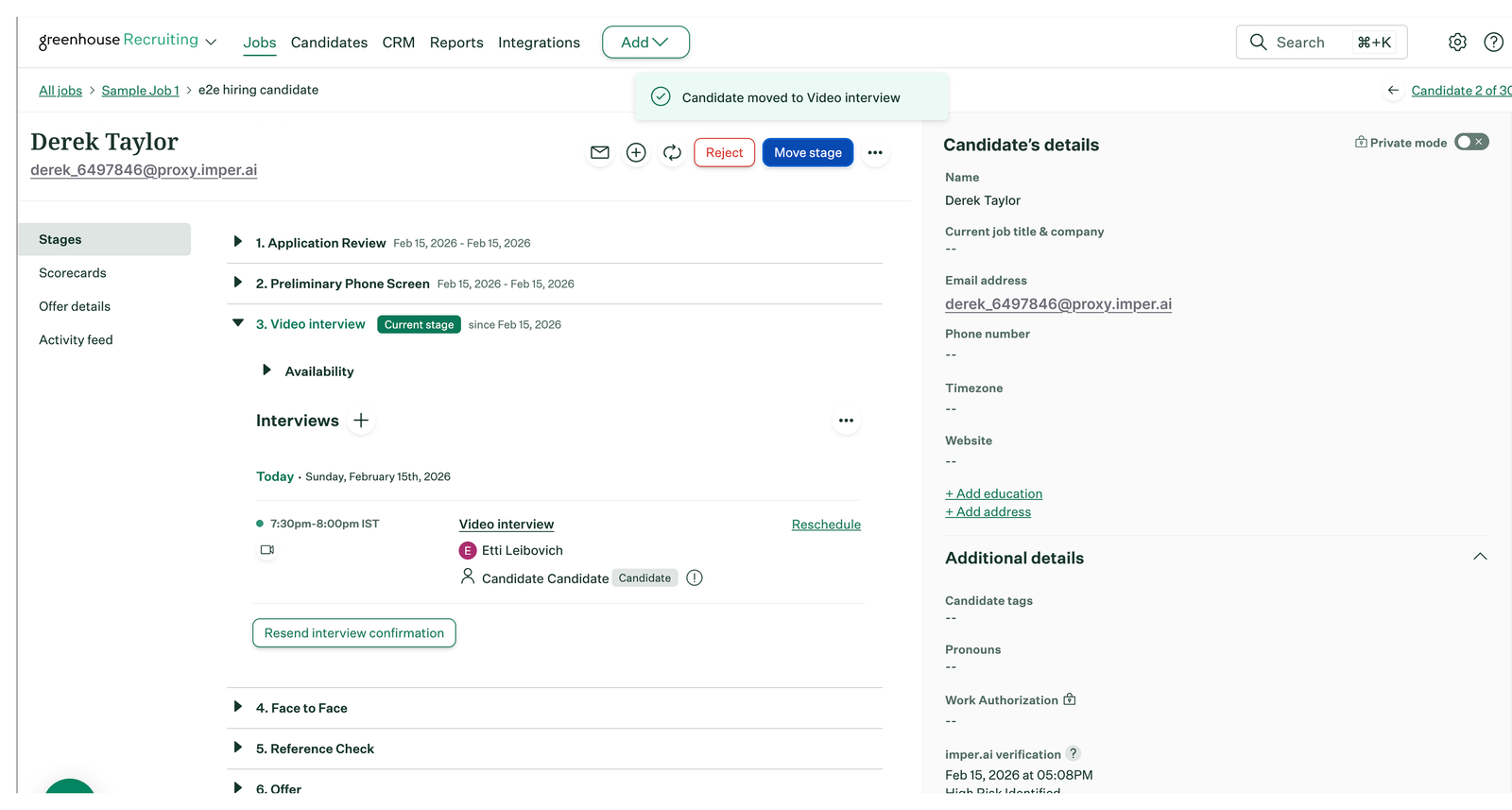 The Greenhouse candidate record after the candidate is moved to the Video interview stage.