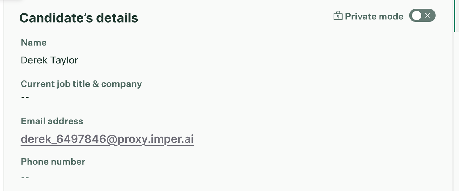 The Candidate's details panel, showing the secured imper.ai address in place of the candidate's application email address.