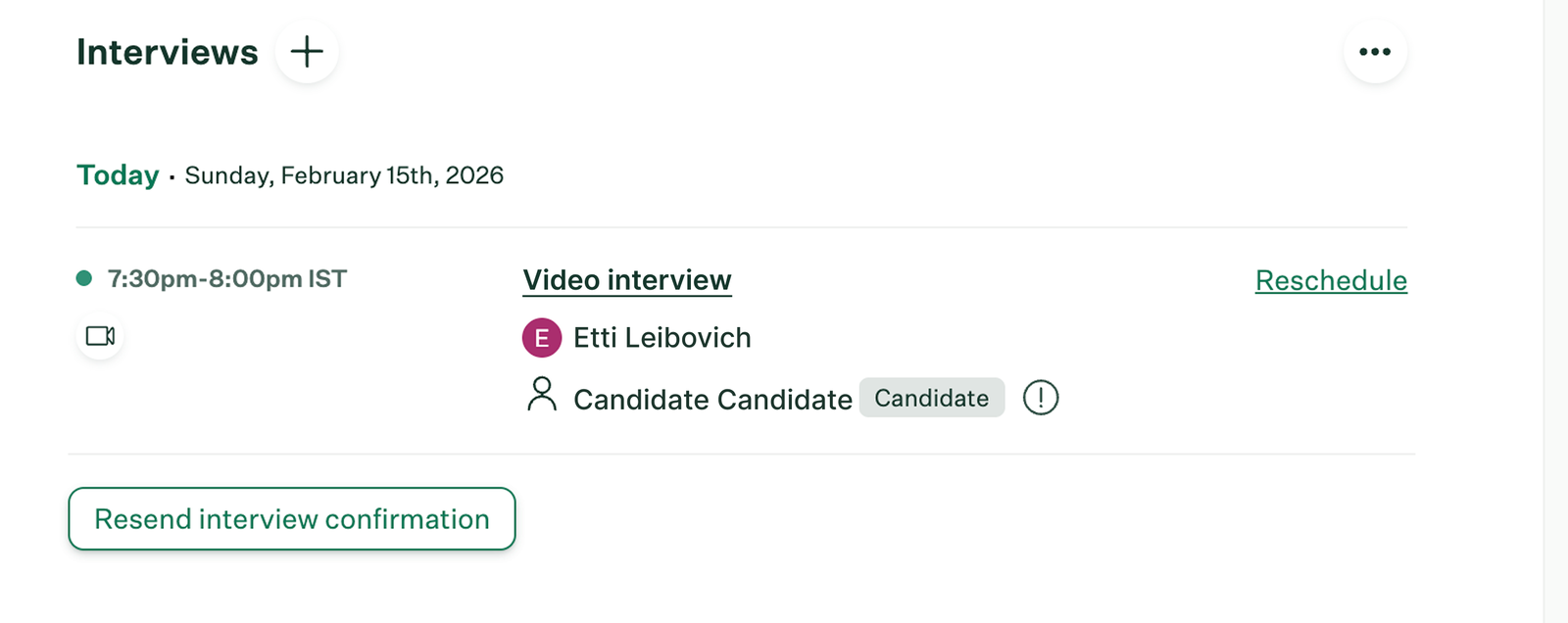 The Interviews panel on the candidate record, showing the scheduled video interview and the "Resend interview confirmation" control.