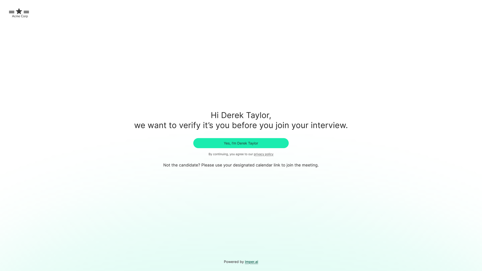 The imper.ai verification page the candidate reaches from the invitation, branded by the hiring company, where the candidate confirms their identity before continuing to the meeting.
