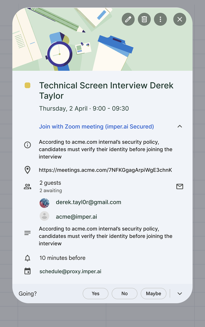 The interview invitation in the candidate's calendar. The join link is labelled "imper.ai Secured", and the invitation carries the imper.ai scheduling address.