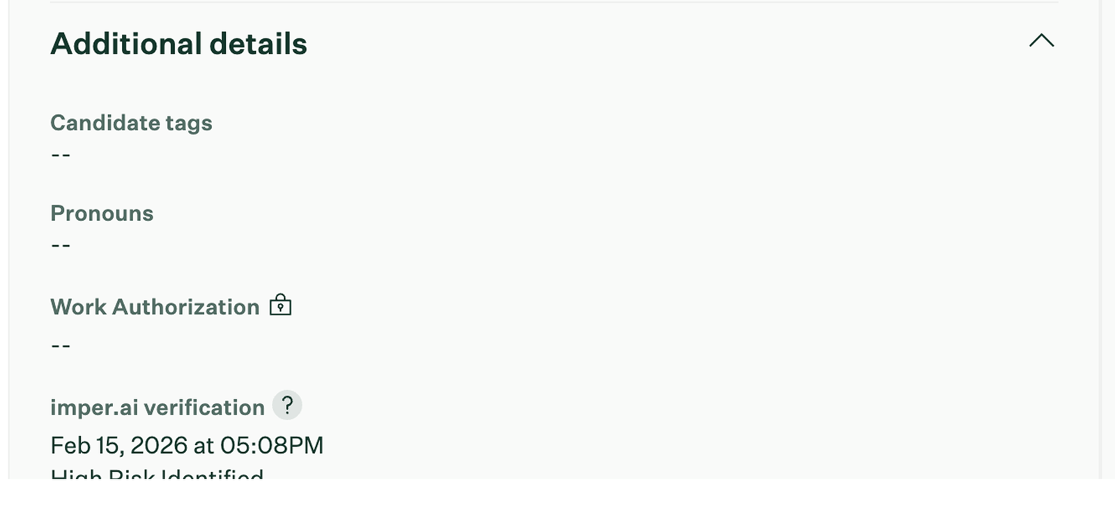 The imper.ai verification field under Additional details on the candidate record, with the date and time of the verification.