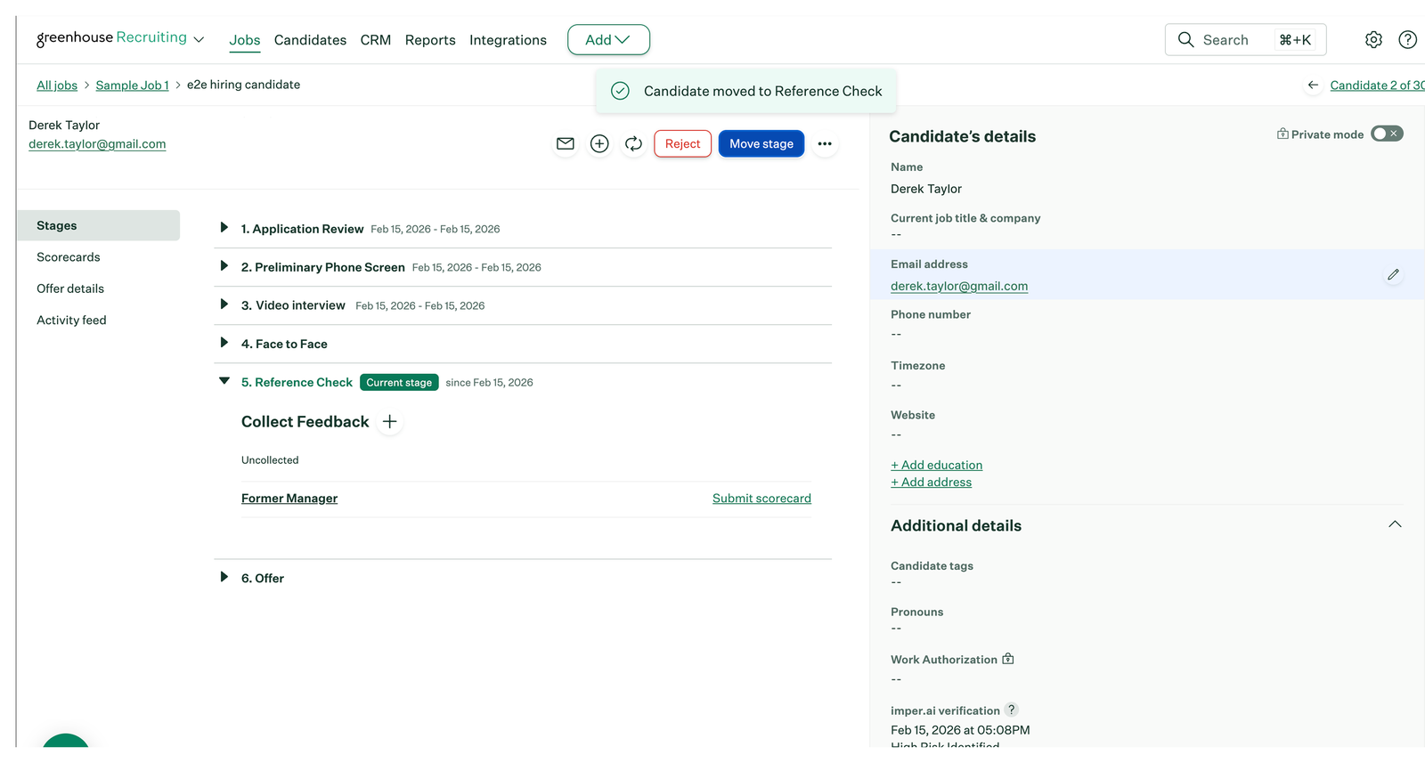The candidate record after the move out of the video interview stage, with the original application email address restored in Candidate's details.