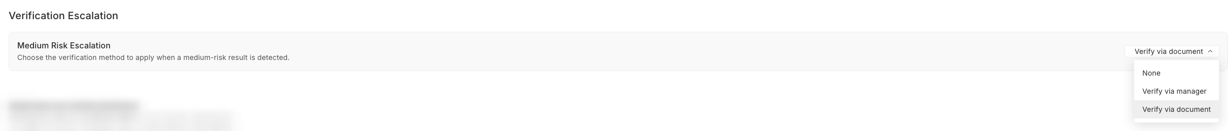 The Verification Escalation section in Helpdesk Settings, with the Medium Risk Escalation dropdown open showing None, Verify via manager, and Verify via document.