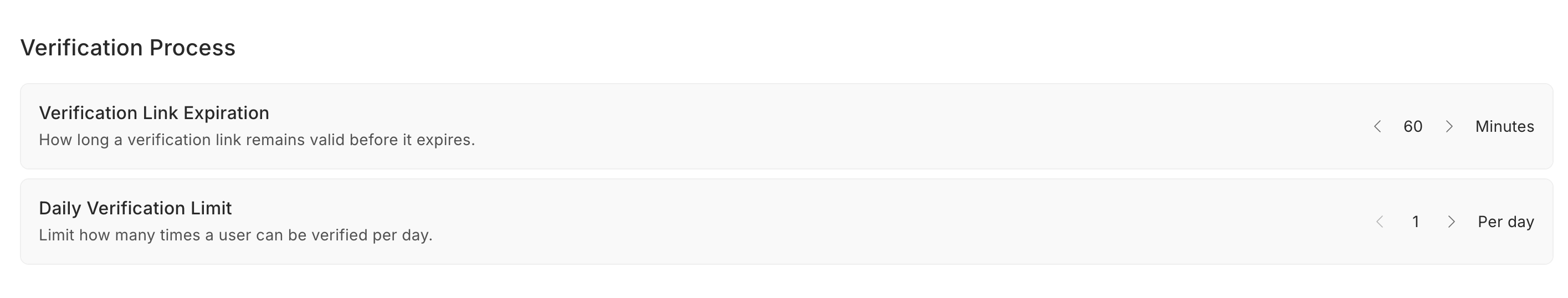 The Verification Process settings, showing Verification Link Expiration and Daily Verification Limit.