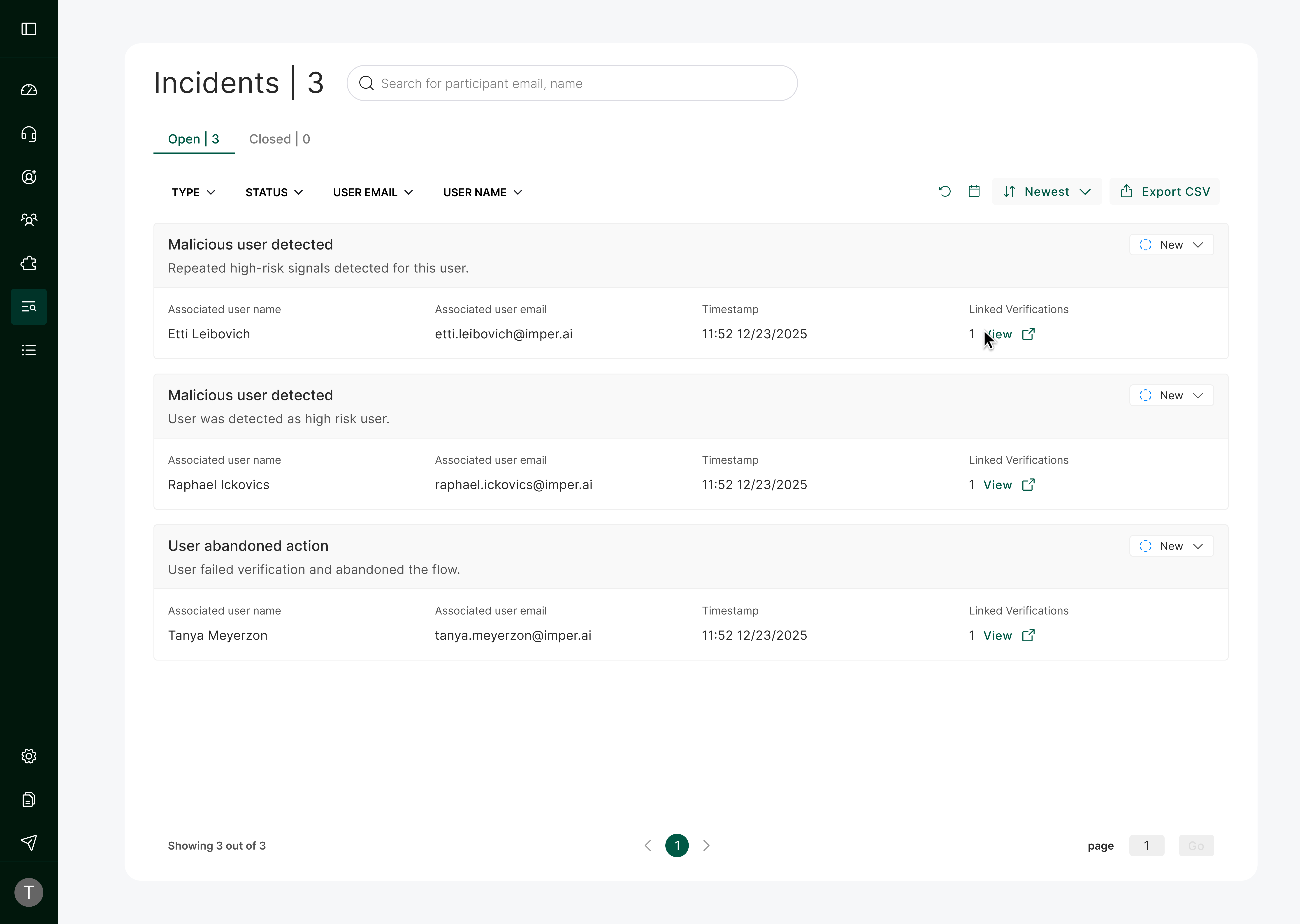 The Incidents page listing open incidents with type, associated user, timestamp, and linked verifications.