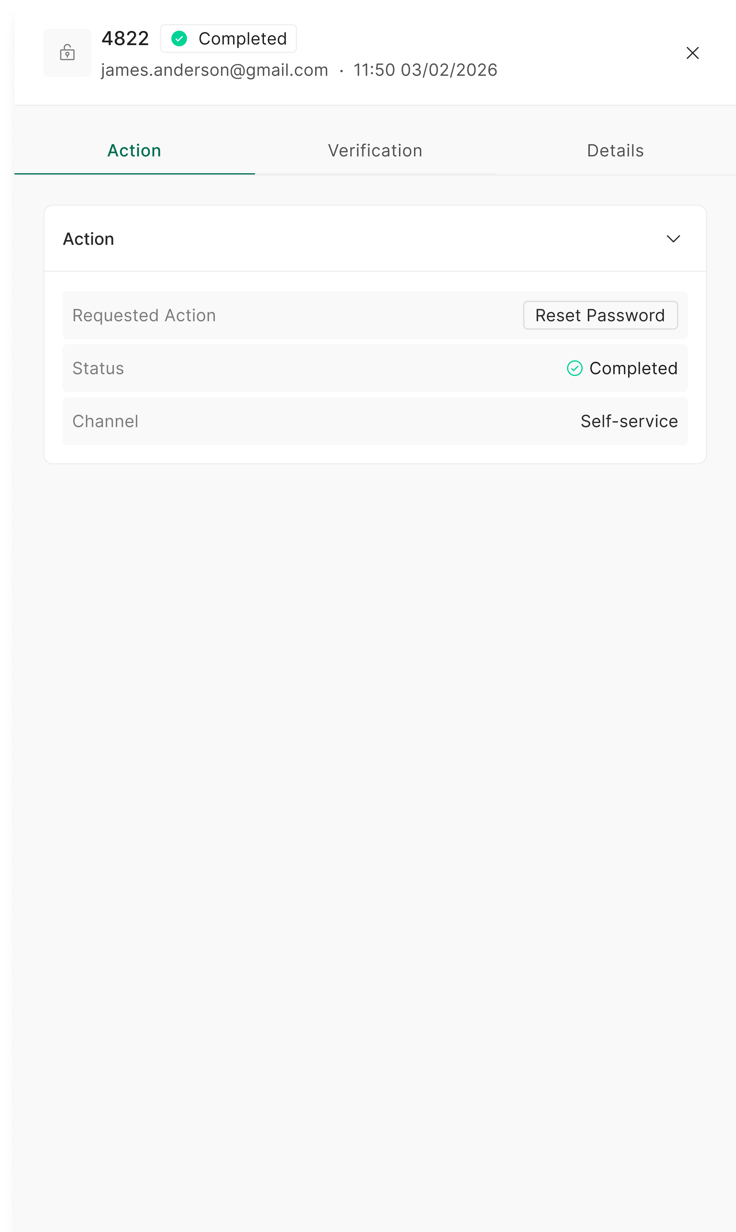 The Action tab of the request drawer, showing the requested action, status, and channel.
