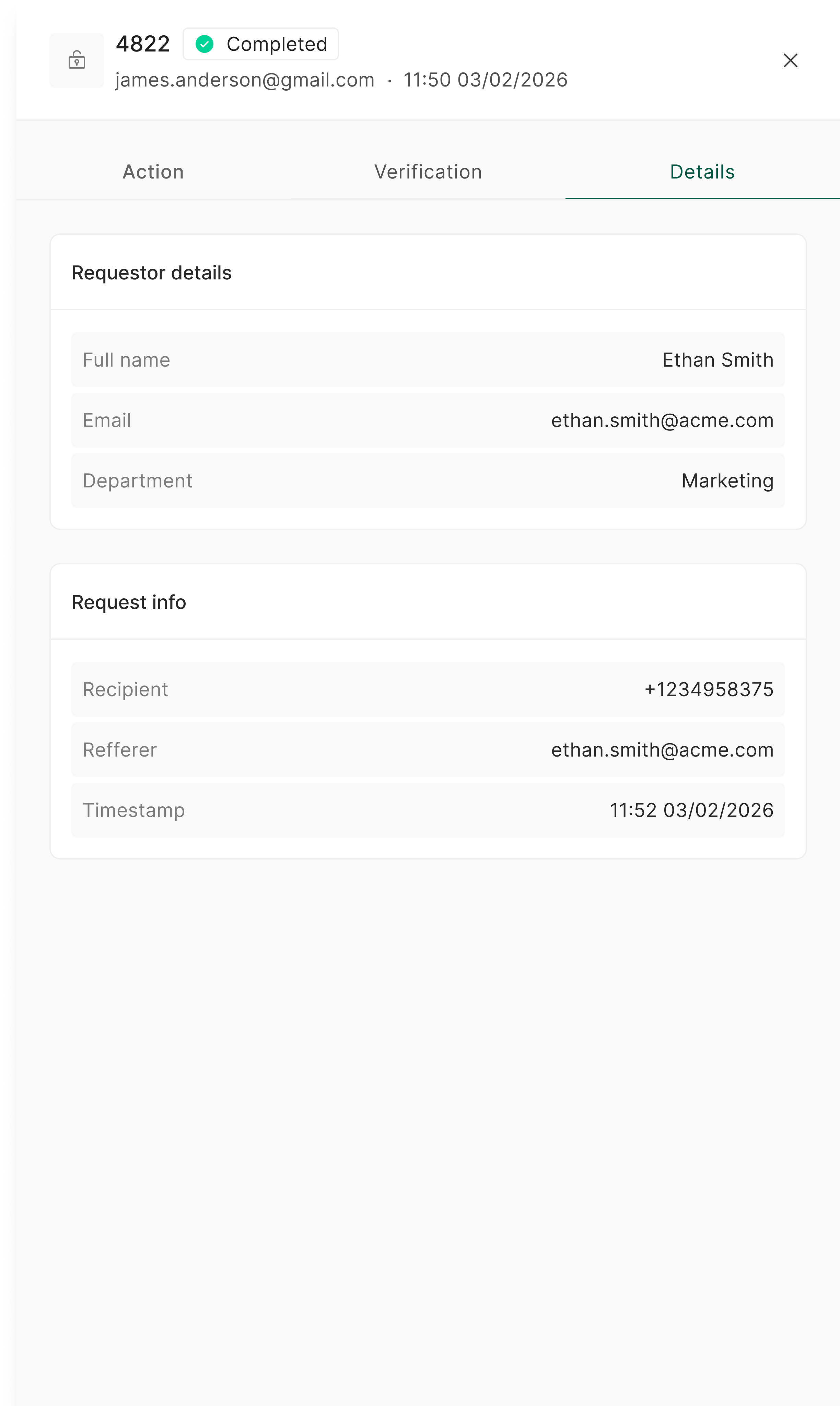 The Details tab of the request drawer, showing requestor details and request info.