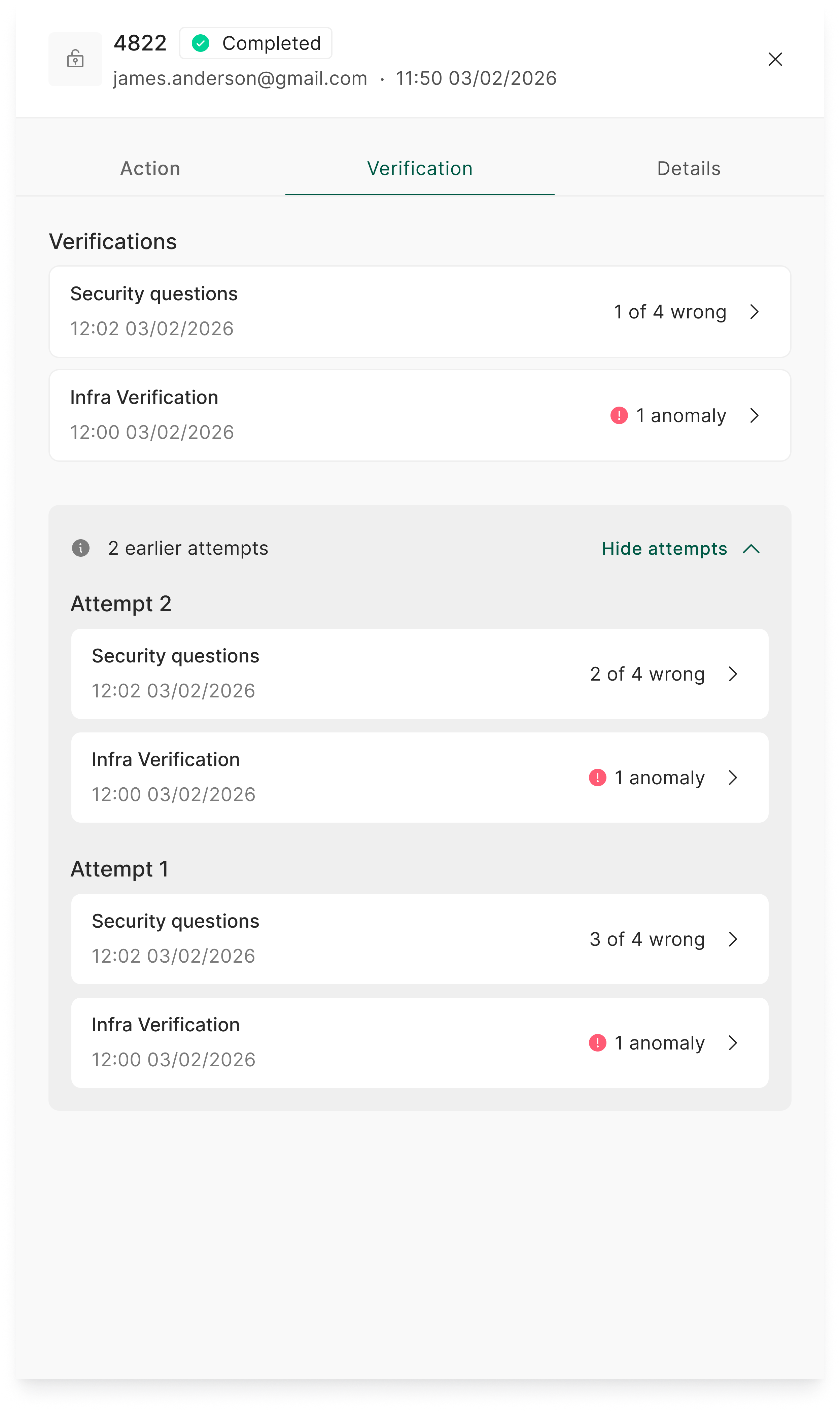 The Verification tab for a request with multiple attempts, showing the latest verifications and an expandable section of earlier attempts.