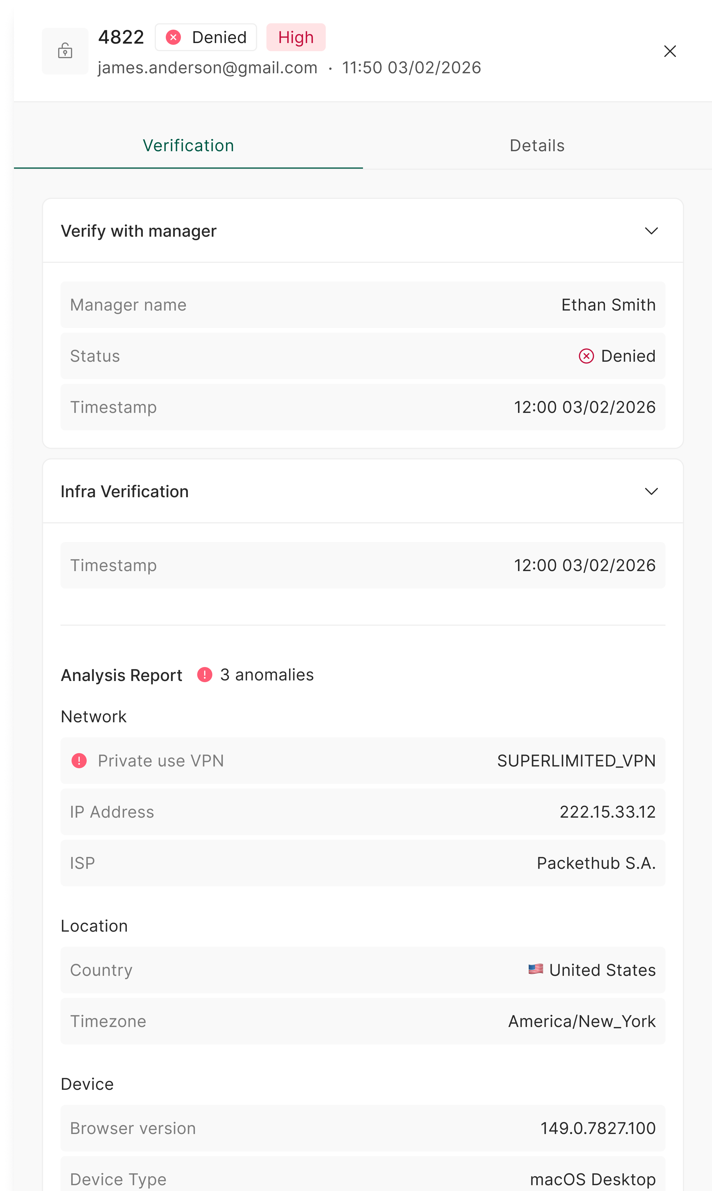 An expanded verification in the drawer, showing the verify-with-manager result and the infra verification's analysis report with its anomalies.