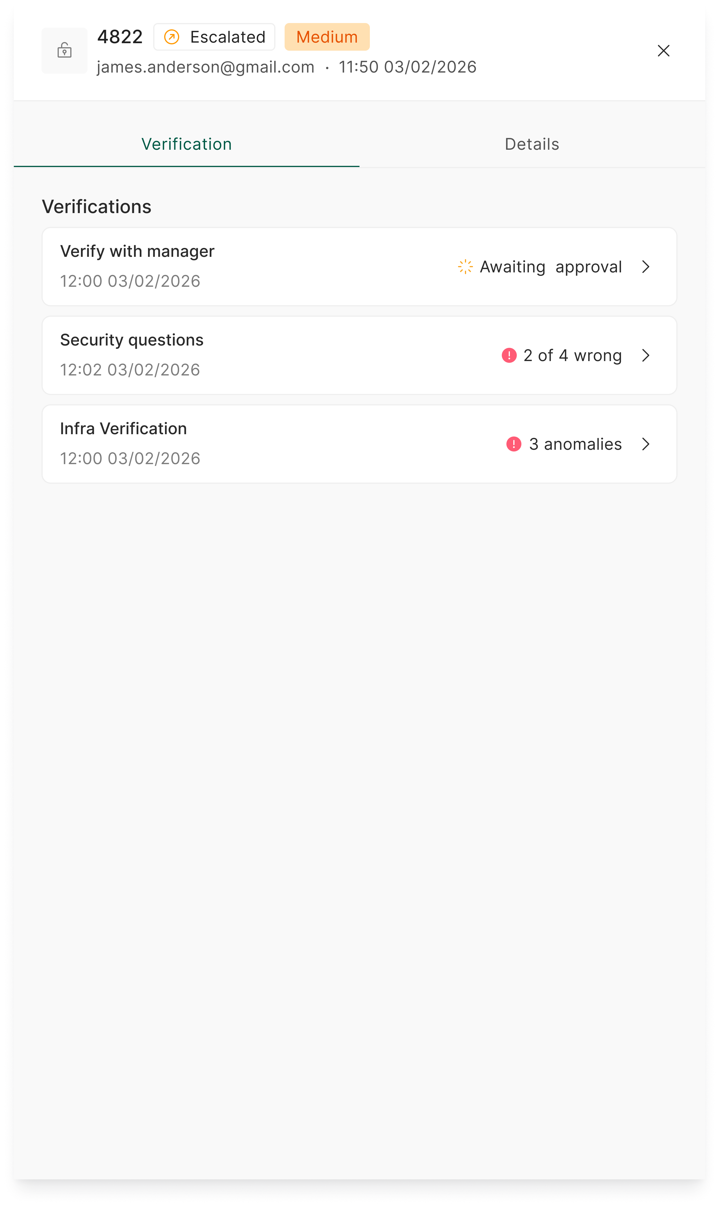 The Verification tab of the request drawer, listing each verification with its time and outcome.