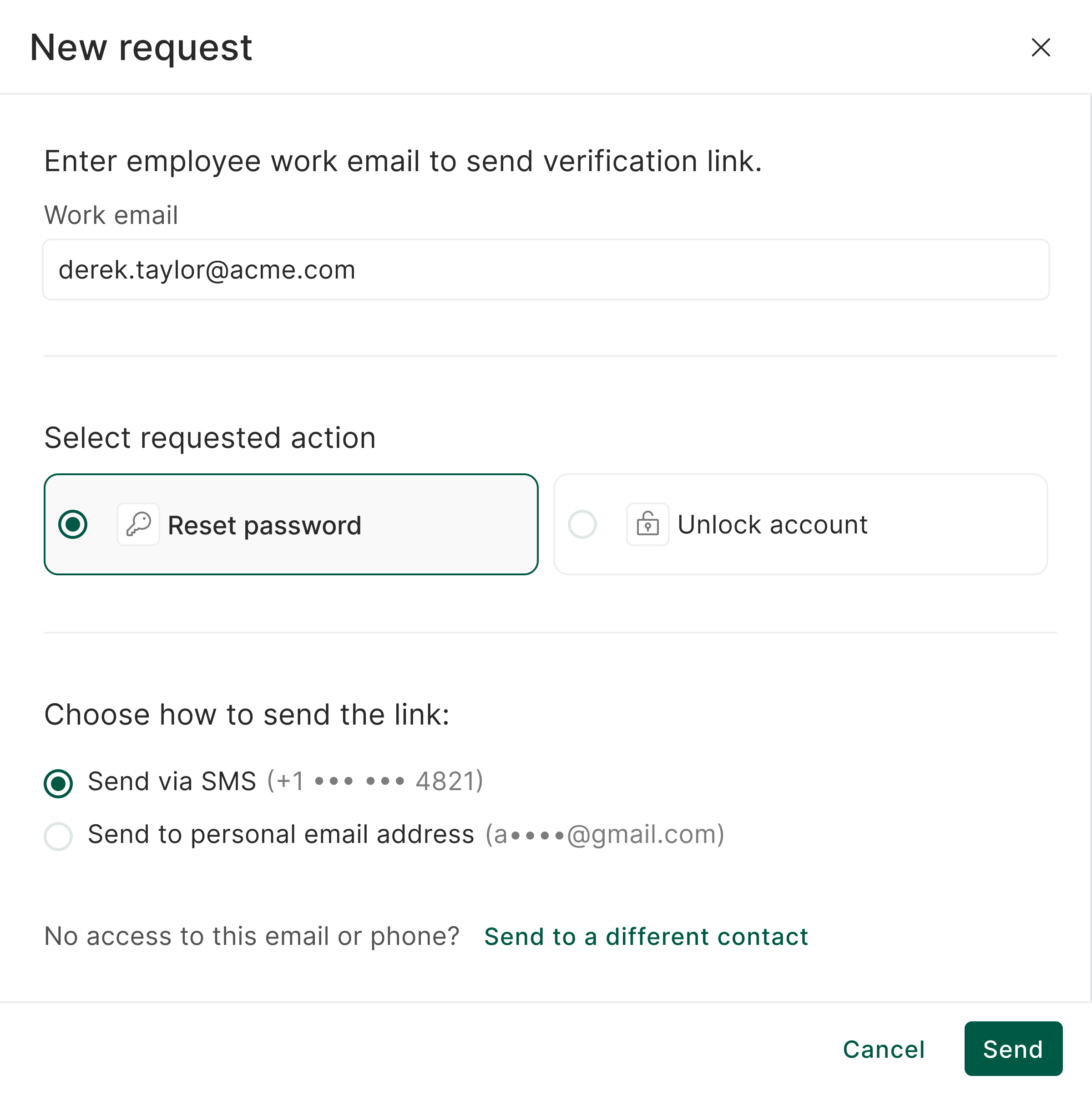 The New request modal, with fields for work email, requested action, and how to send the link.