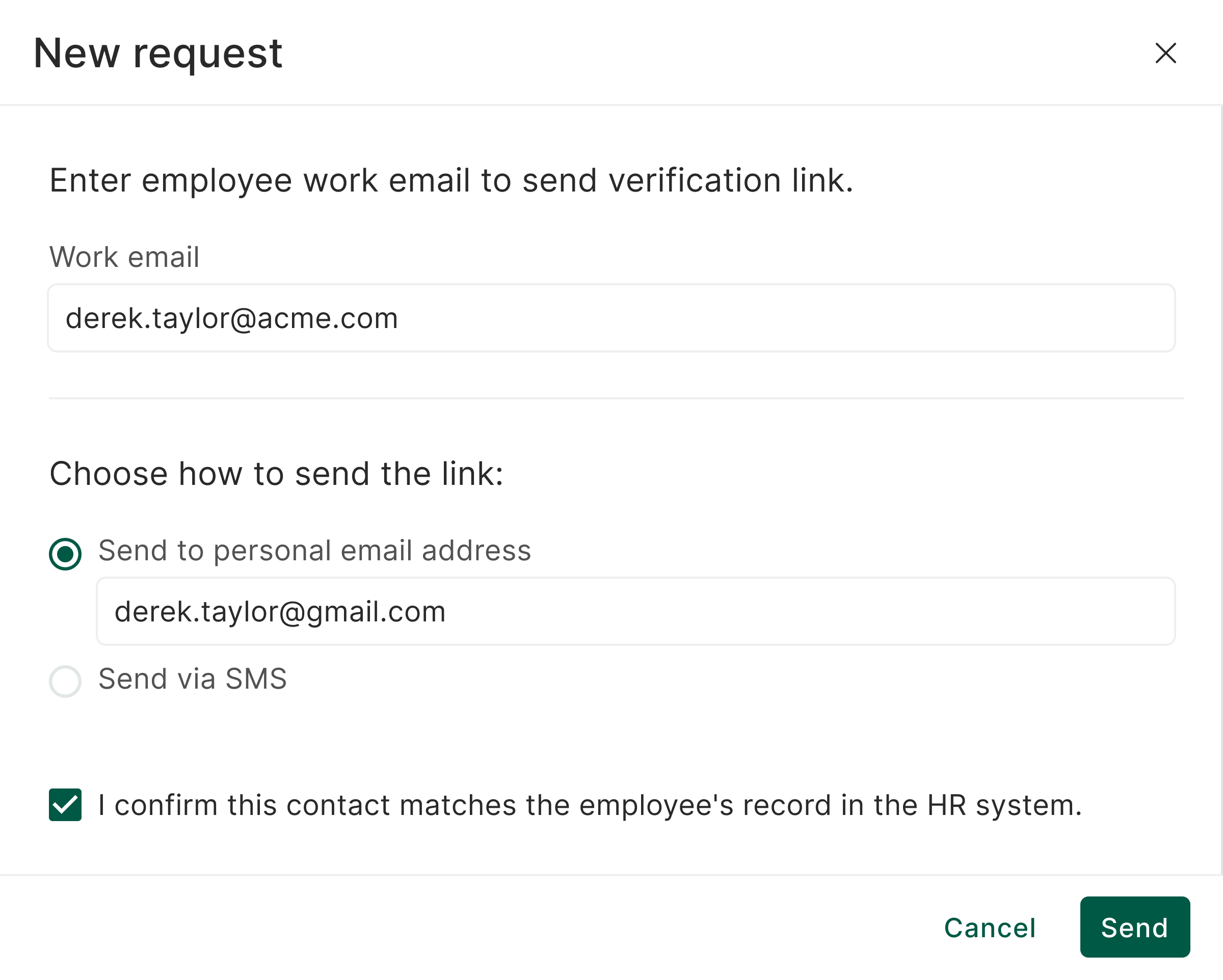 The New request modal with no personal contact on file, showing a manually entered personal email and the consent checkbox confirming the contact matches the employee's HR record.