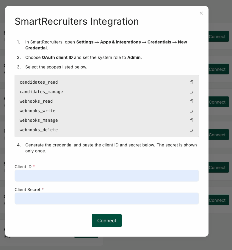 The SmartRecruiters Integration dialog in imper.ai, listing the setup steps, the seven required scopes, and the Client ID and Client Secret fields.