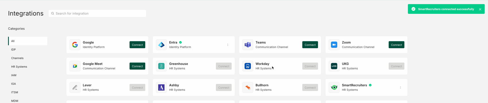 The imper.ai Integrations page showing a SmartRecruiters connected successfully message and the SmartRecruiters card marked as connected.