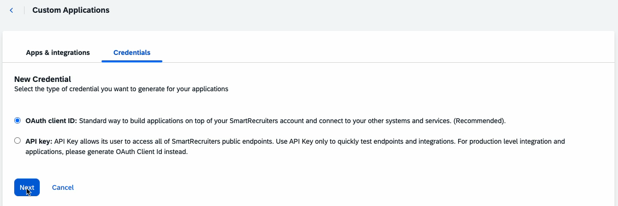 The New Credential screen, with OAuth client ID selected and the API key option below it.