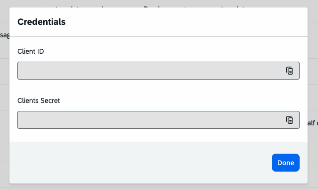 The Credentials pop-up in SmartRecruiters, showing the generated Client ID and Client Secret with copy buttons.