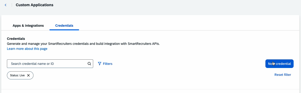 The Credentials tab of the Custom Applications page, with the New credential button in the top right.
