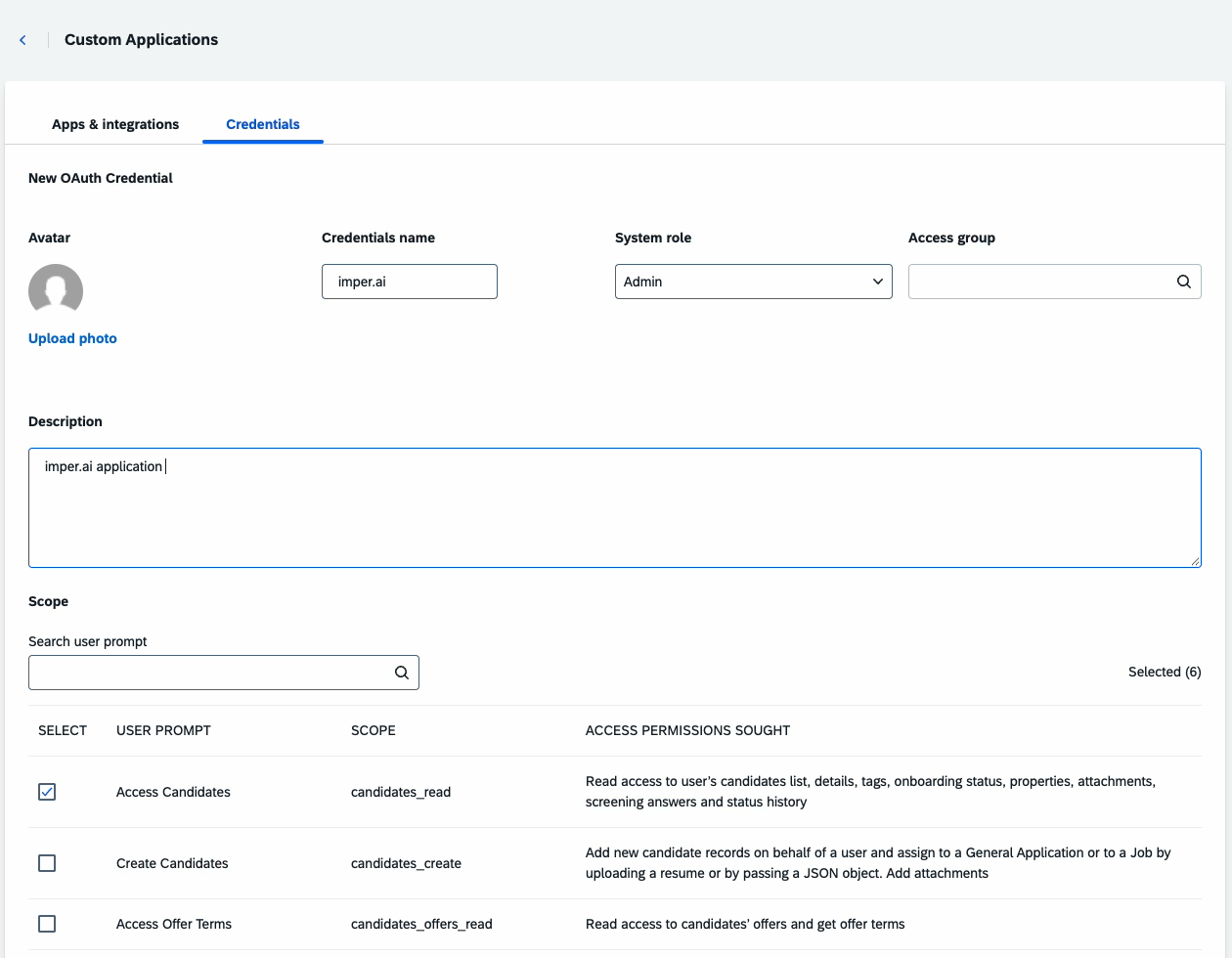The New OAuth Credential form, showing the credentials name set to imper.ai, the system role set to Admin, and the scope table below.