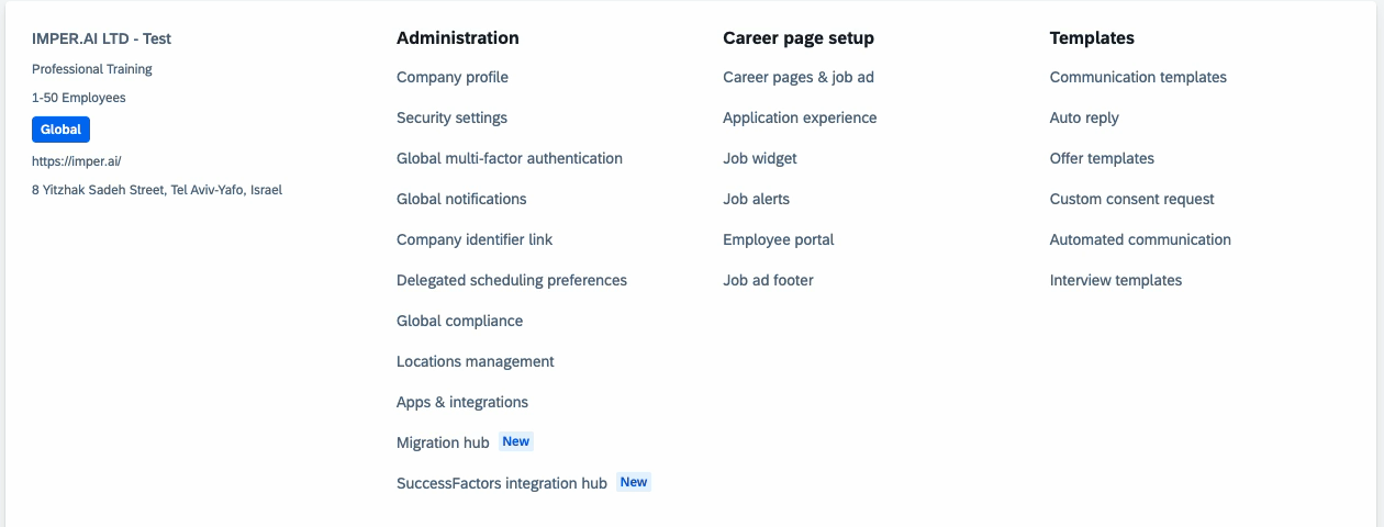 The SmartRecruiters Settings page, with Apps & integrations listed under the Administration column.