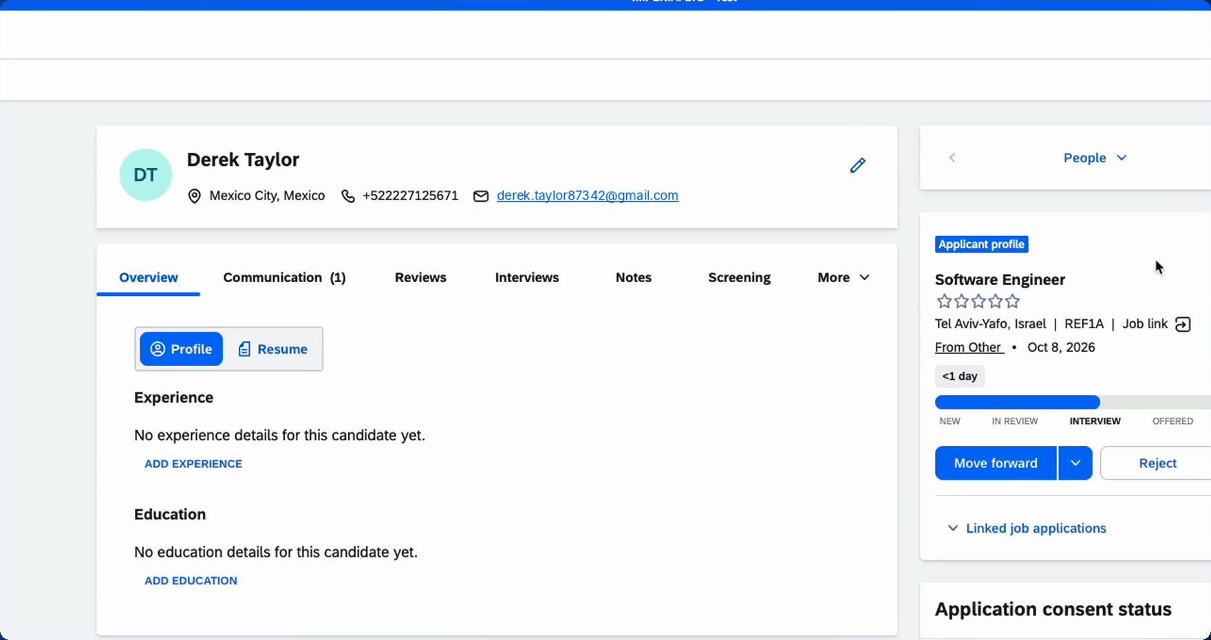 The SmartRecruiters candidate record, showing the candidate's personal email address in the profile header.
