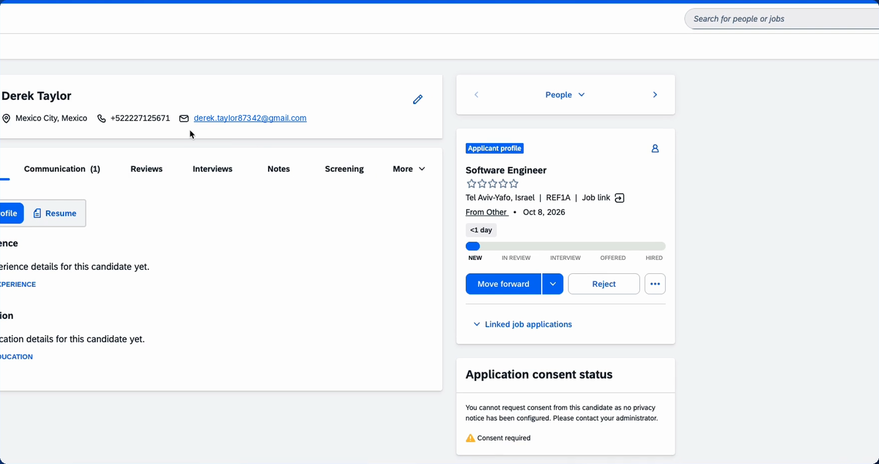 The applicant profile panel on the candidate record, with the step progress bar and the Move forward control.