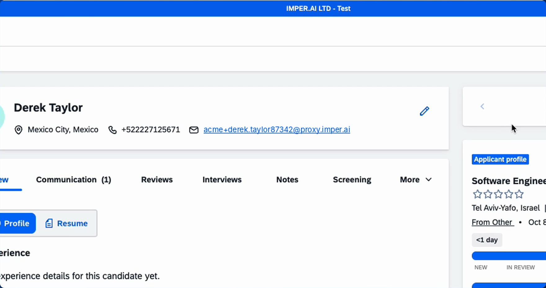 The candidate record header, showing the imper.ai proxy address in place of the candidate's original email address.