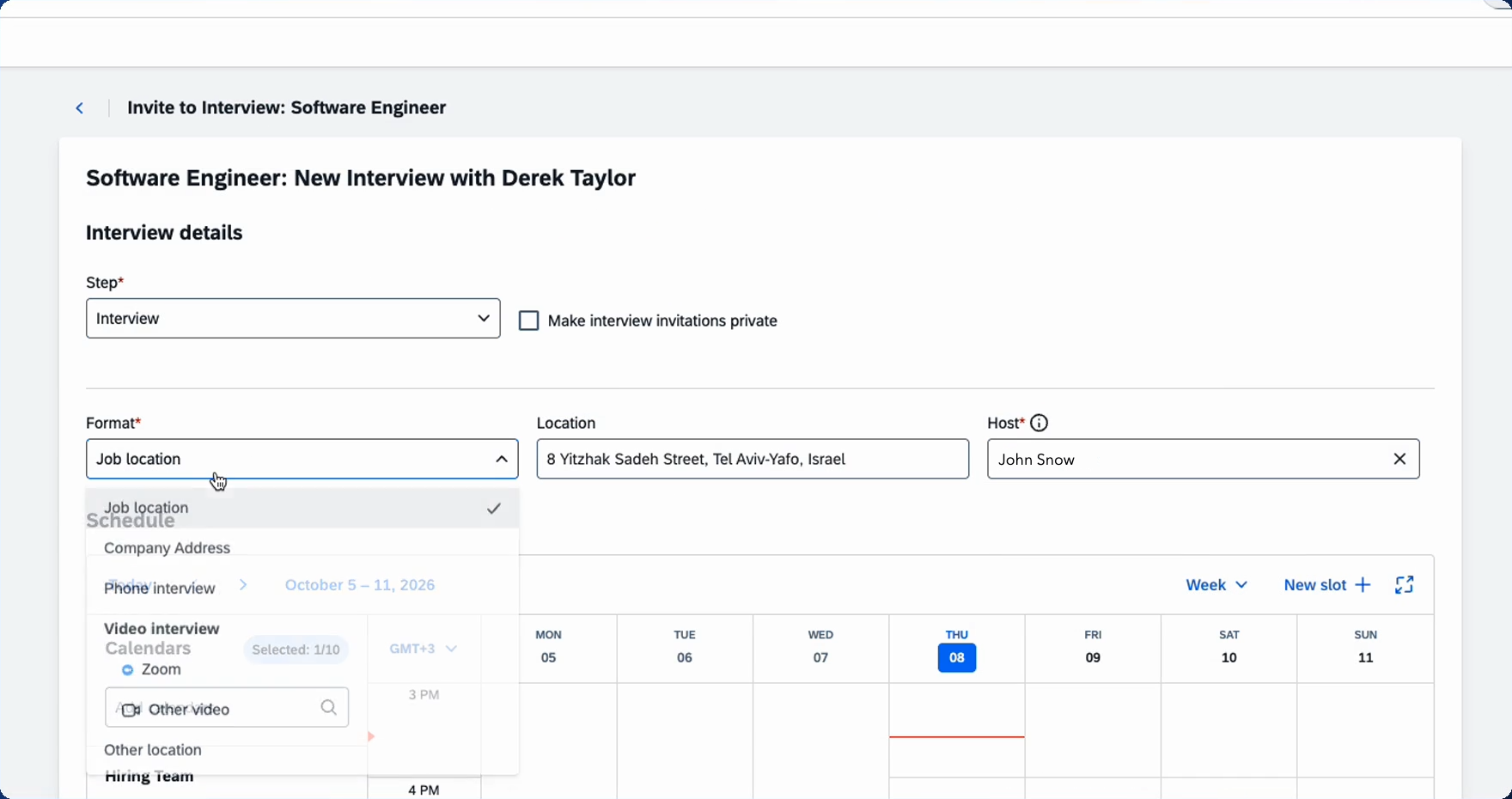 The Invite to Interview screen for the candidate, with the interview step and format selected and the scheduling calendar below.