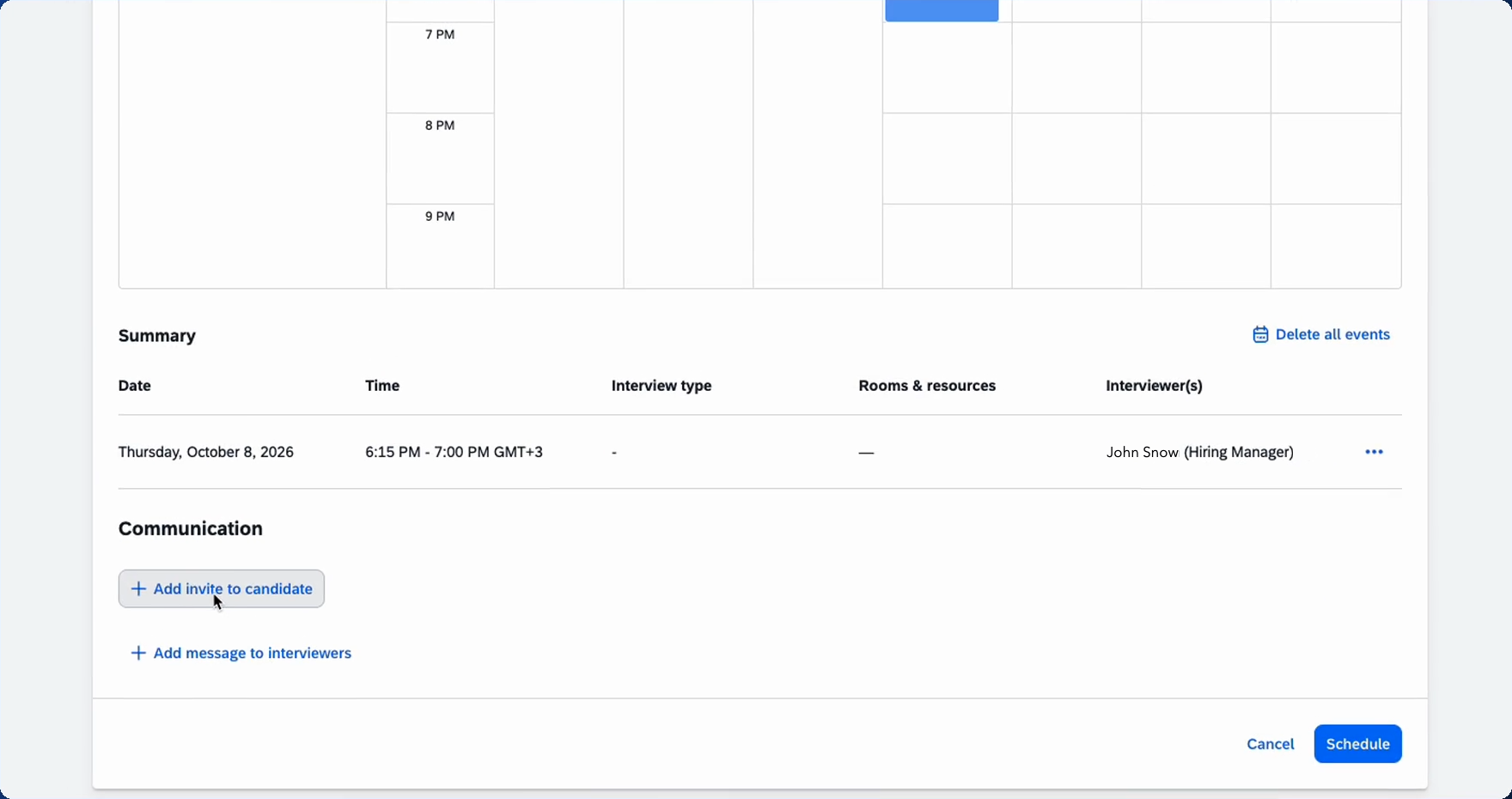 The scheduling summary with the interview date, time and interviewer, the Add invite to candidate control, and the Schedule button.