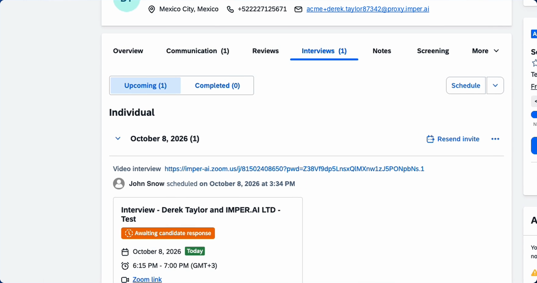 The Interviews tab on the candidate record, showing the upcoming video interview, its status, and the Resend invite control.