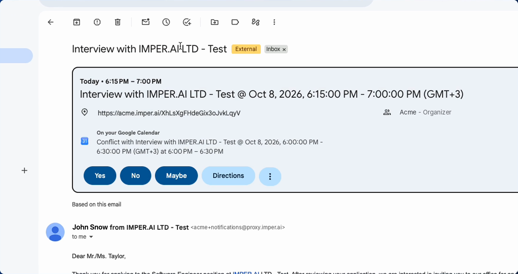The interview invitation in the candidate's mailbox, sent from the imper.ai proxy address, with an imper.ai verification link in place of the meeting URL.