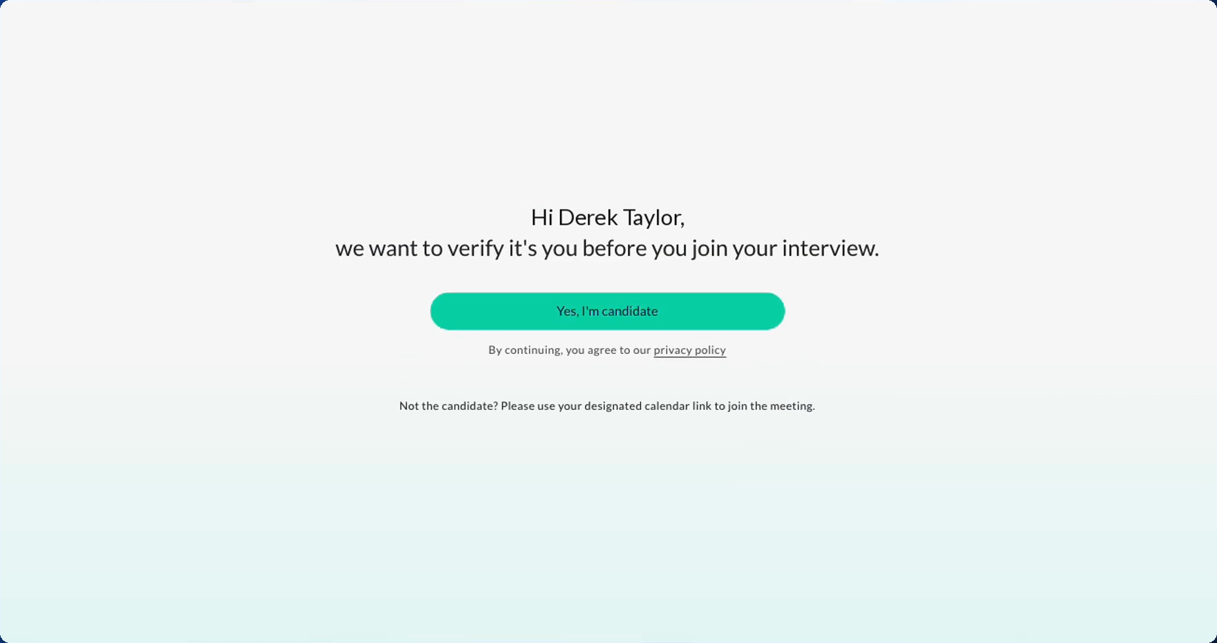 The imper.ai verification page, greeting the candidate by name and asking them to confirm their identity before joining the interview.