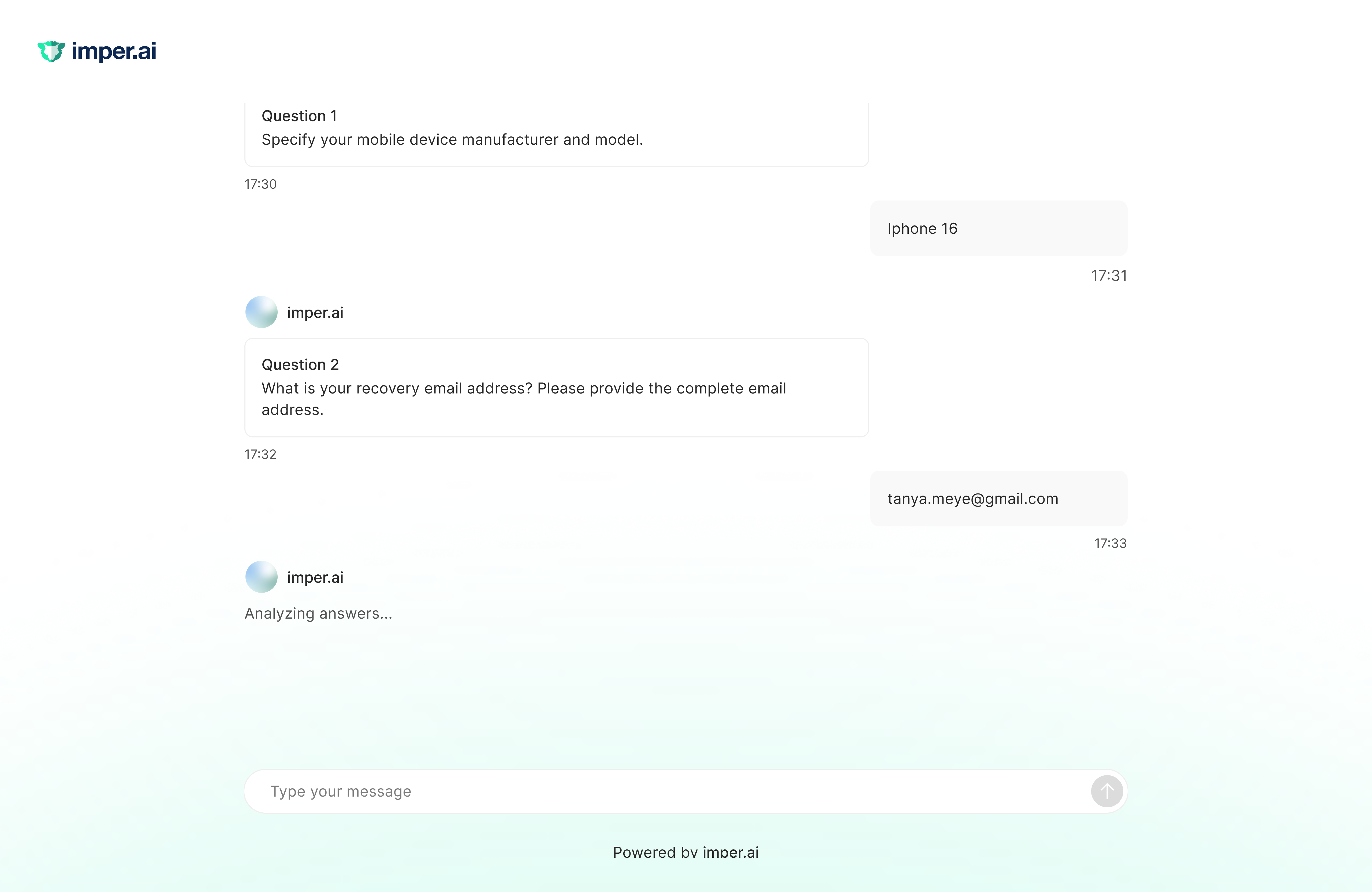 The imper.ai challenge-questions chat, where the user answers dynamically generated verification questions before imper.ai analyzes the responses.
