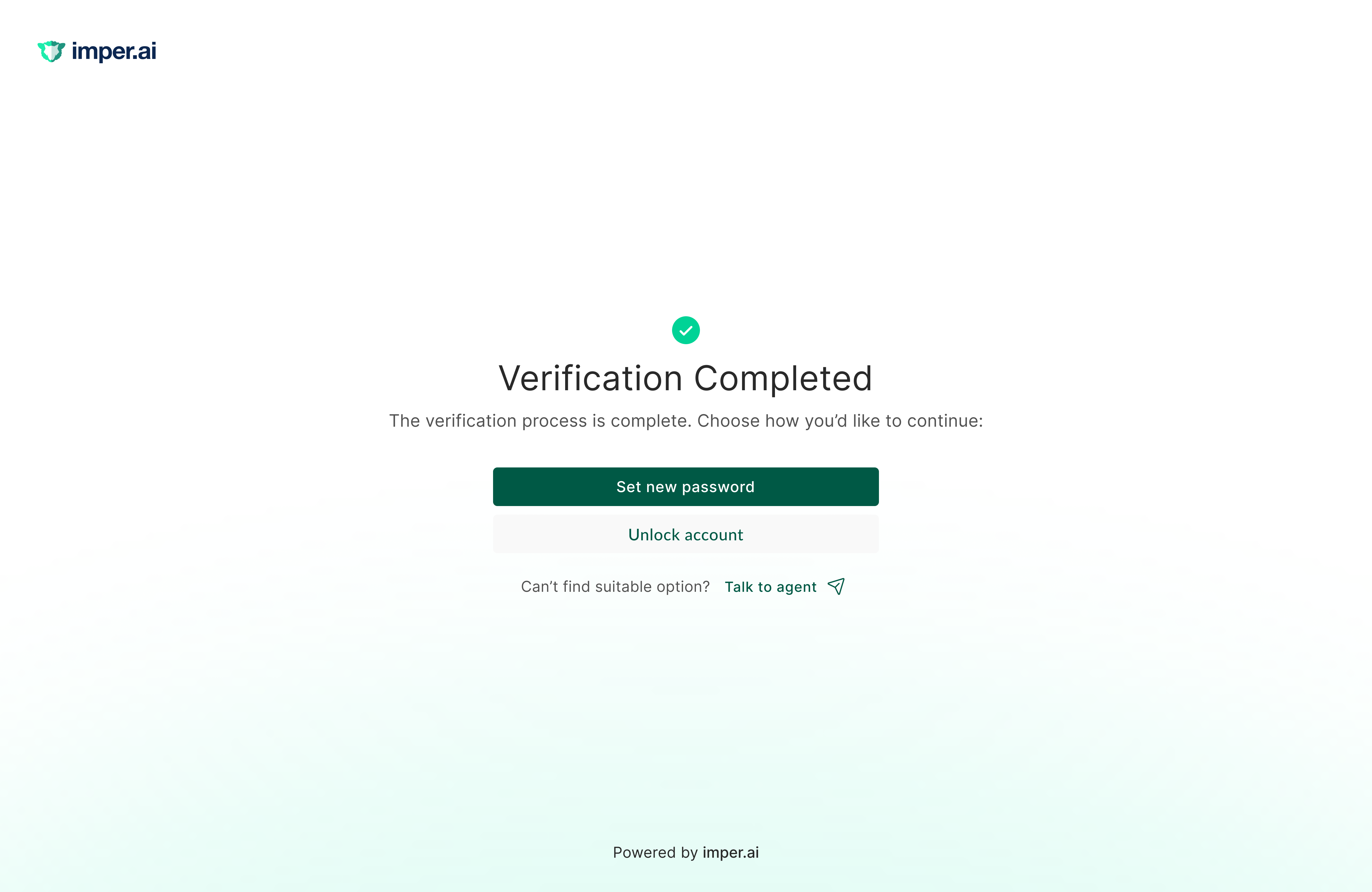 The imper.ai portal after a completed verification, presenting the enabled post-verification actions such as Set new password and Unlock account, with an option to talk to an agent.
