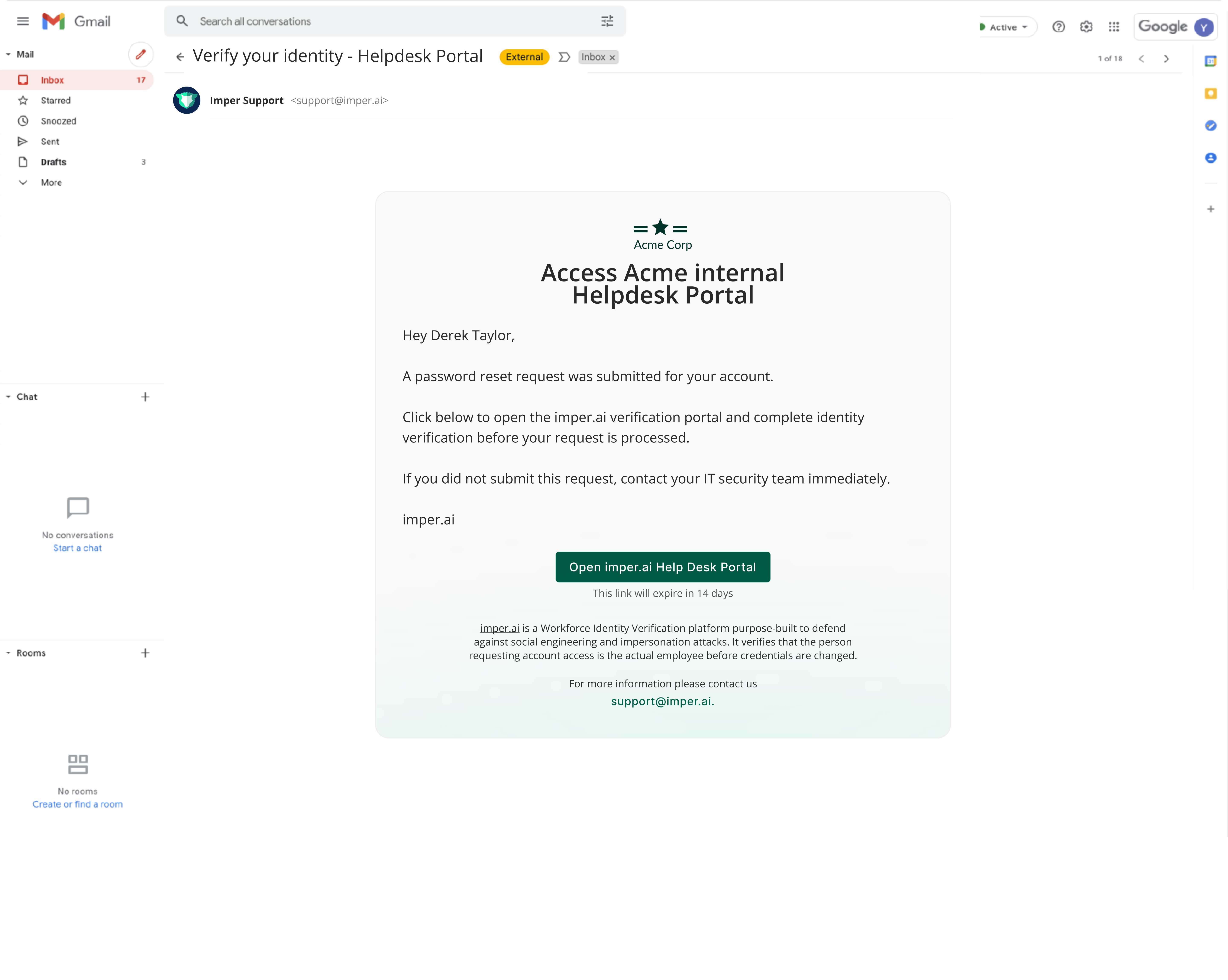 The imper.ai verification email a user receives, prompting them to open the Help Desk Portal and complete identity verification before their request is processed.
